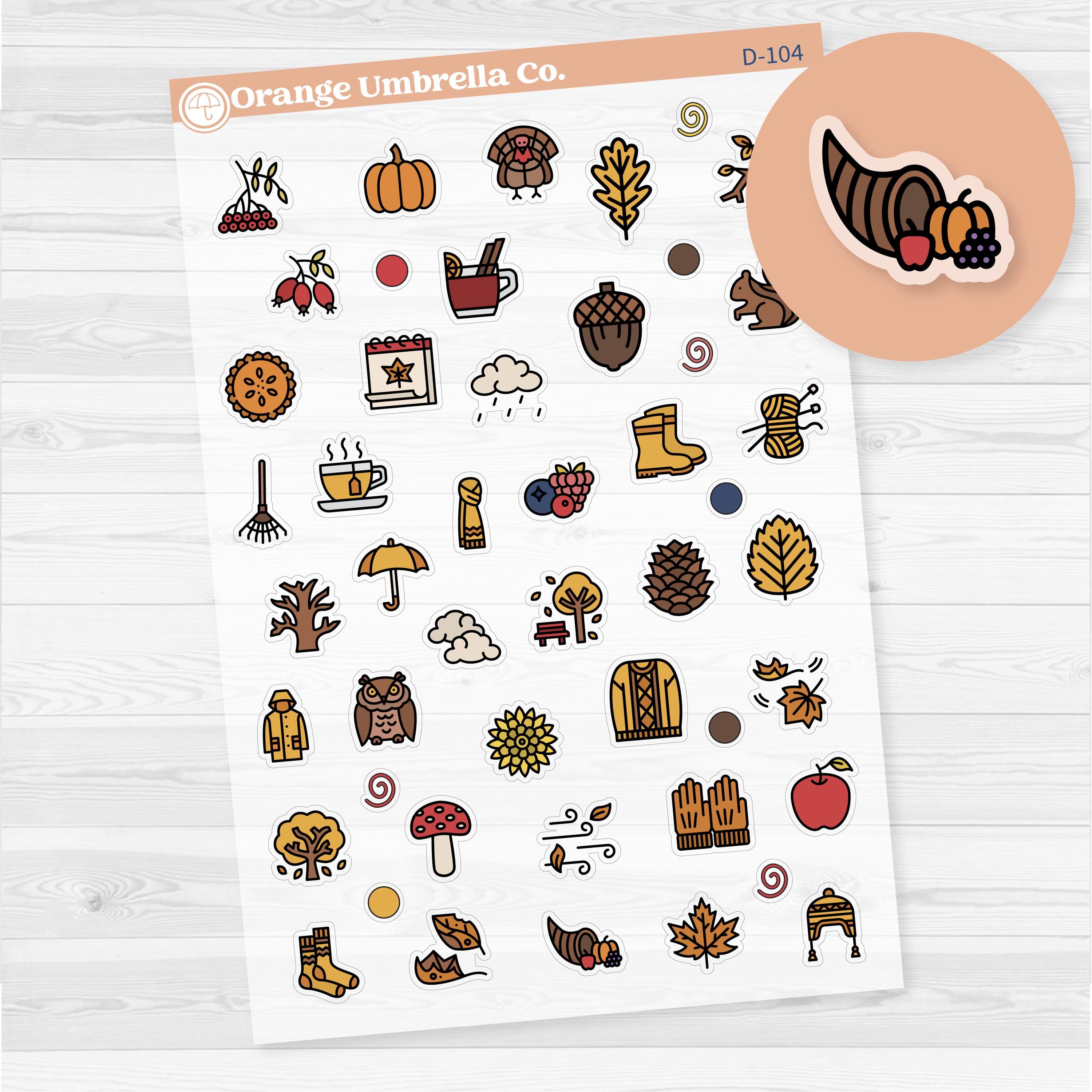 Clear matte fall and autumn deco sticker sheet with pumpkins, leaves, and rustic cozy designs.