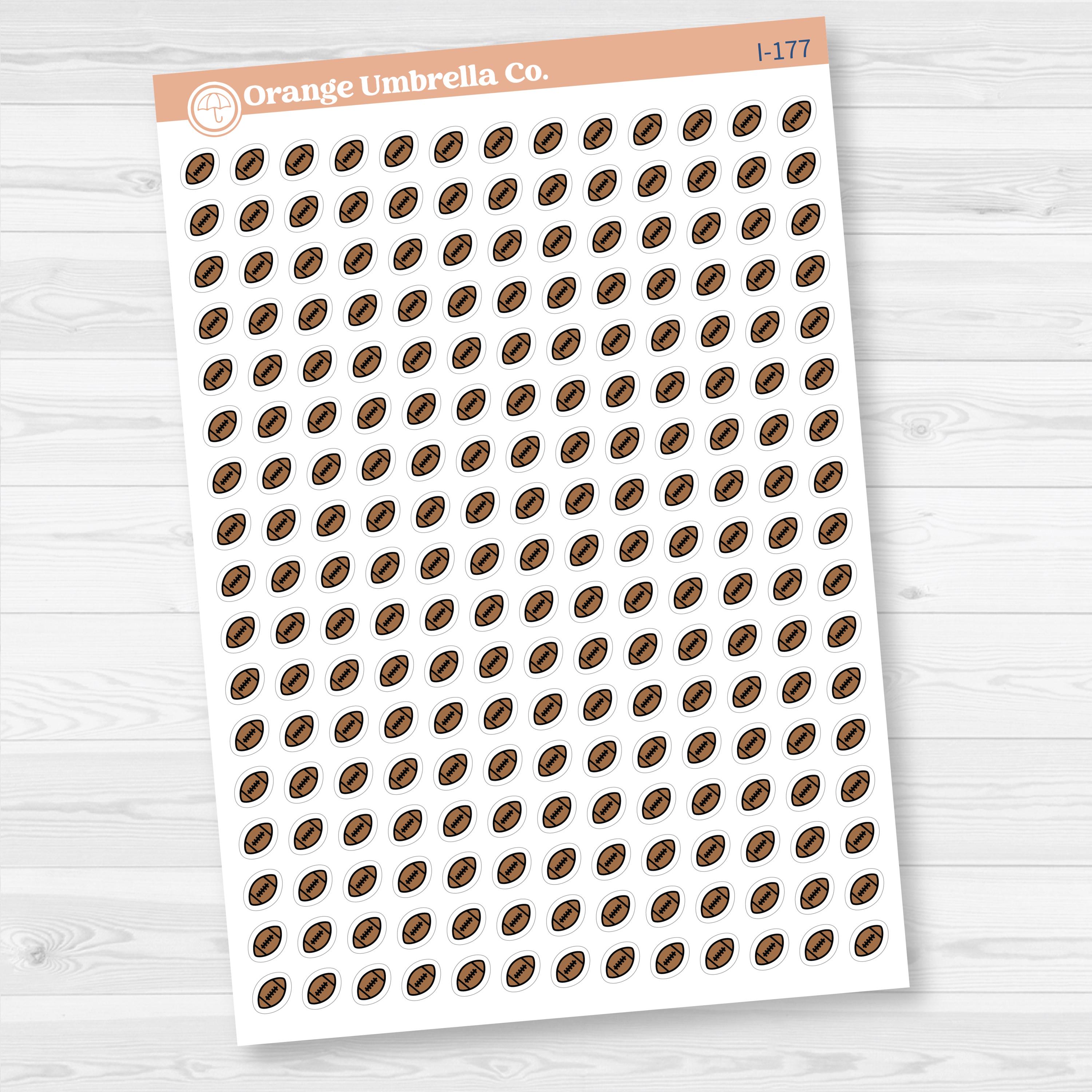 White matte micro football icon sticker sheet with 221 tiny sports stickers for planners and calendars.