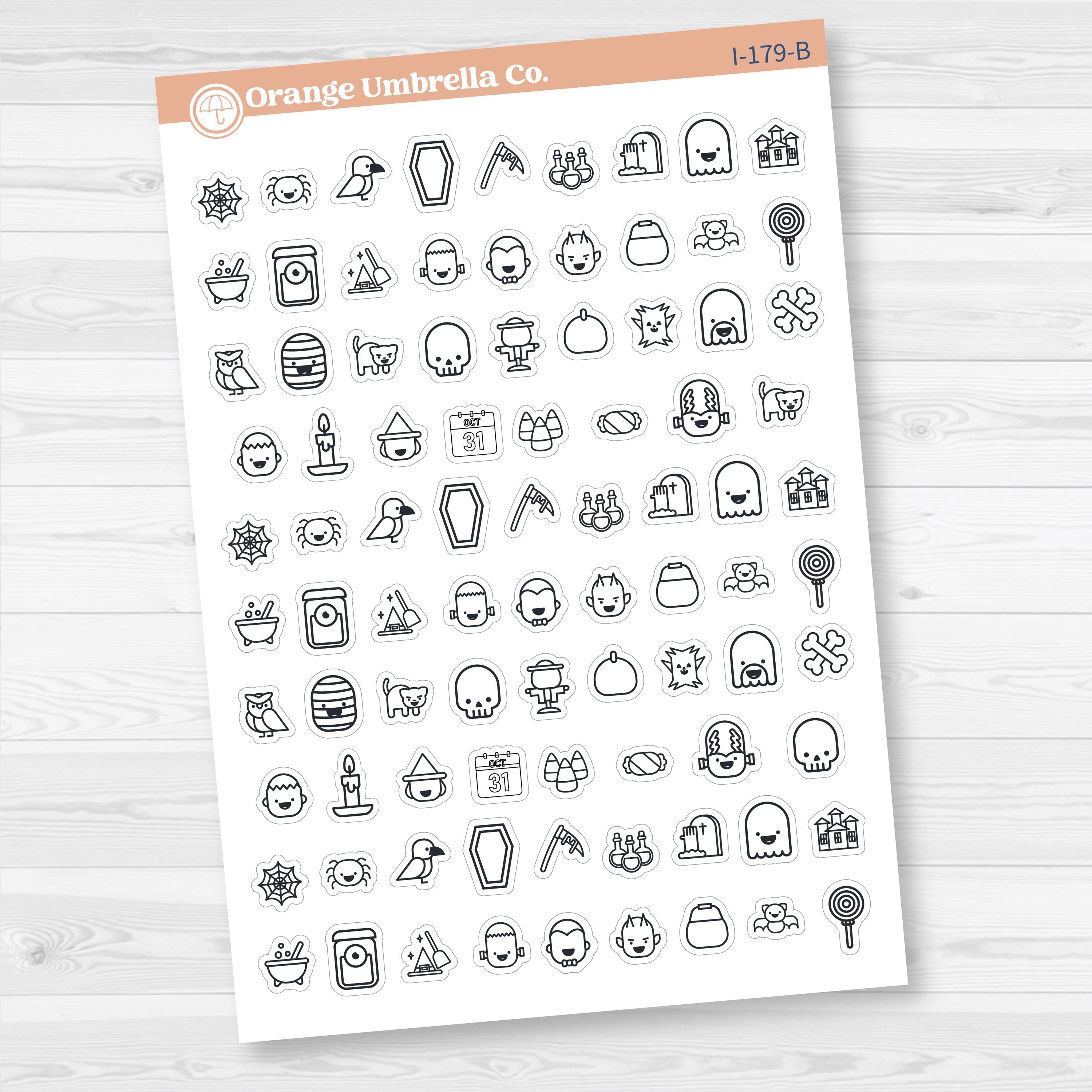 White matte Halloween icon sticker sheet with 86 spooky-themed planner icons.