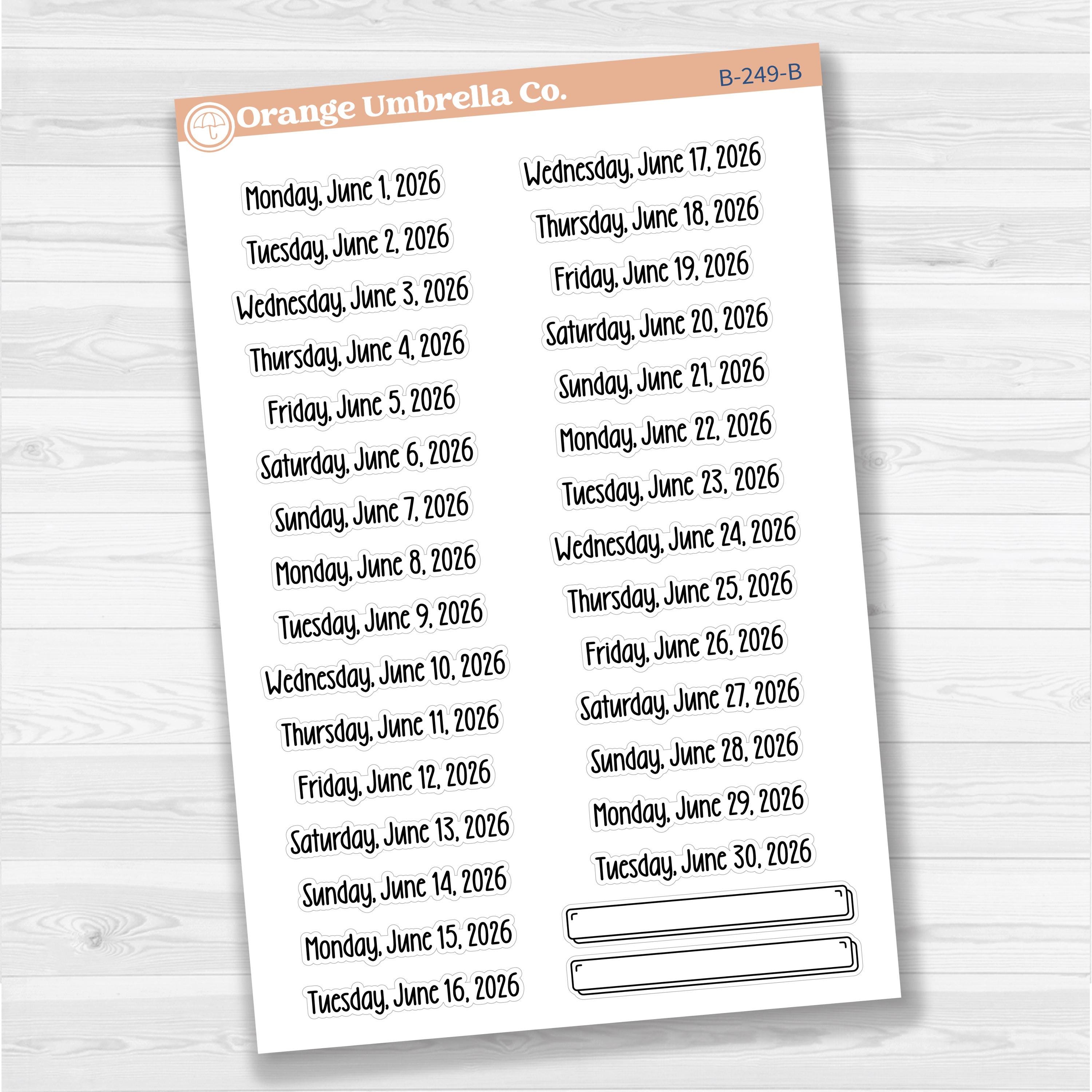 White removable matte planner sticker sheet with January–June 2026 dates in F18 font.