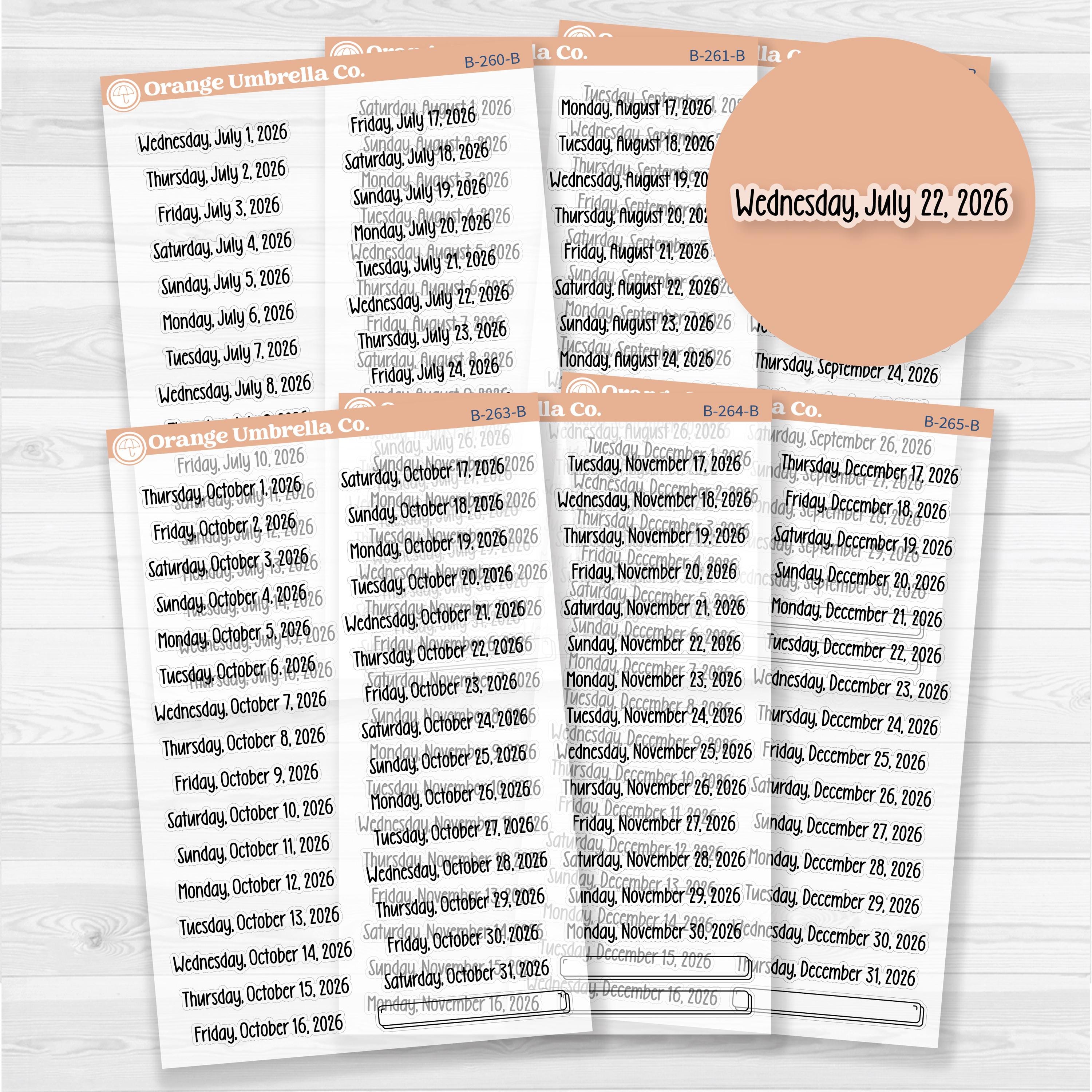 Sheet of clear matte planner stickers with dates for July-December 2026 in F18 font, 31 total.
