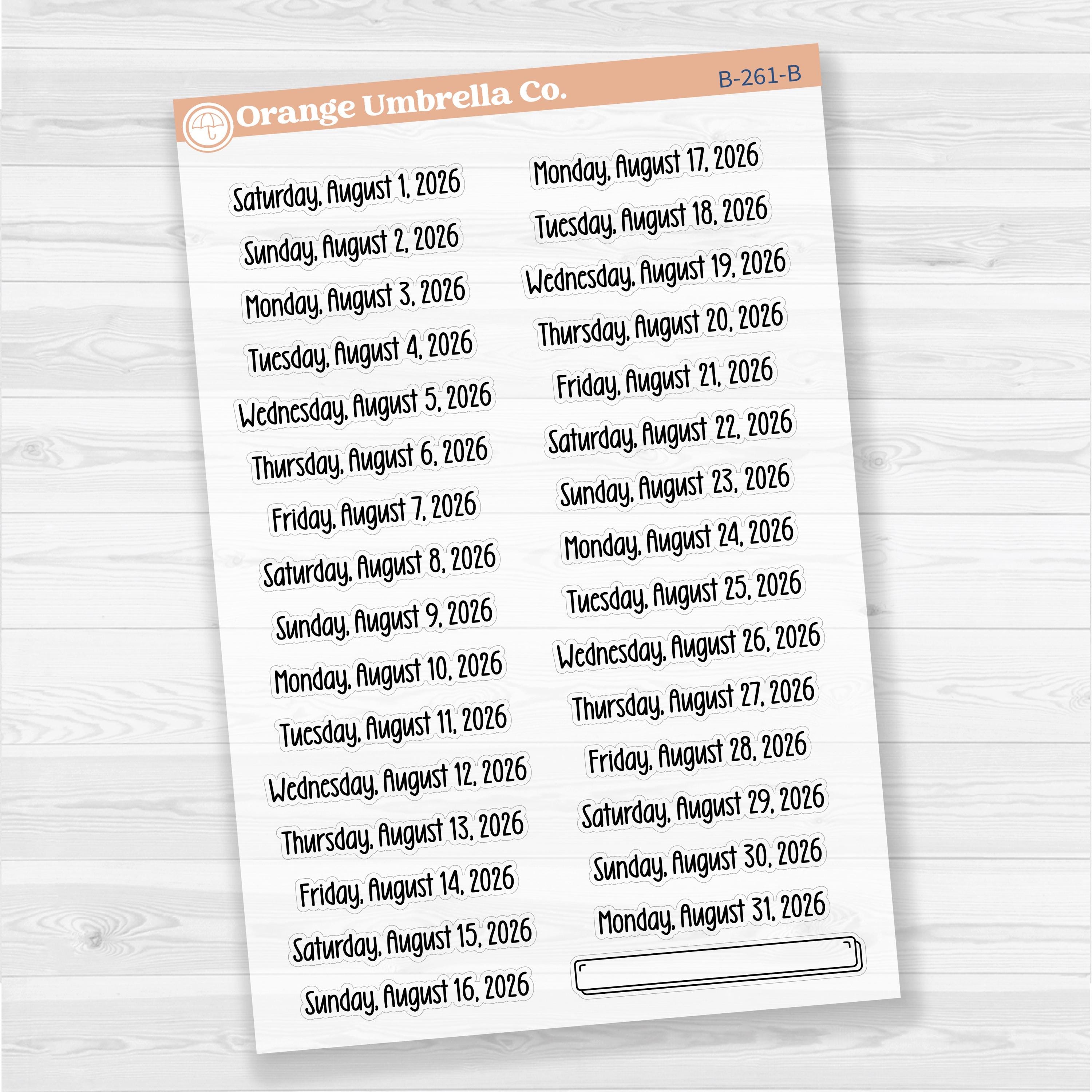 Sheet of clear matte planner stickers with dates for July-December 2026 in F18 font, 31 total.