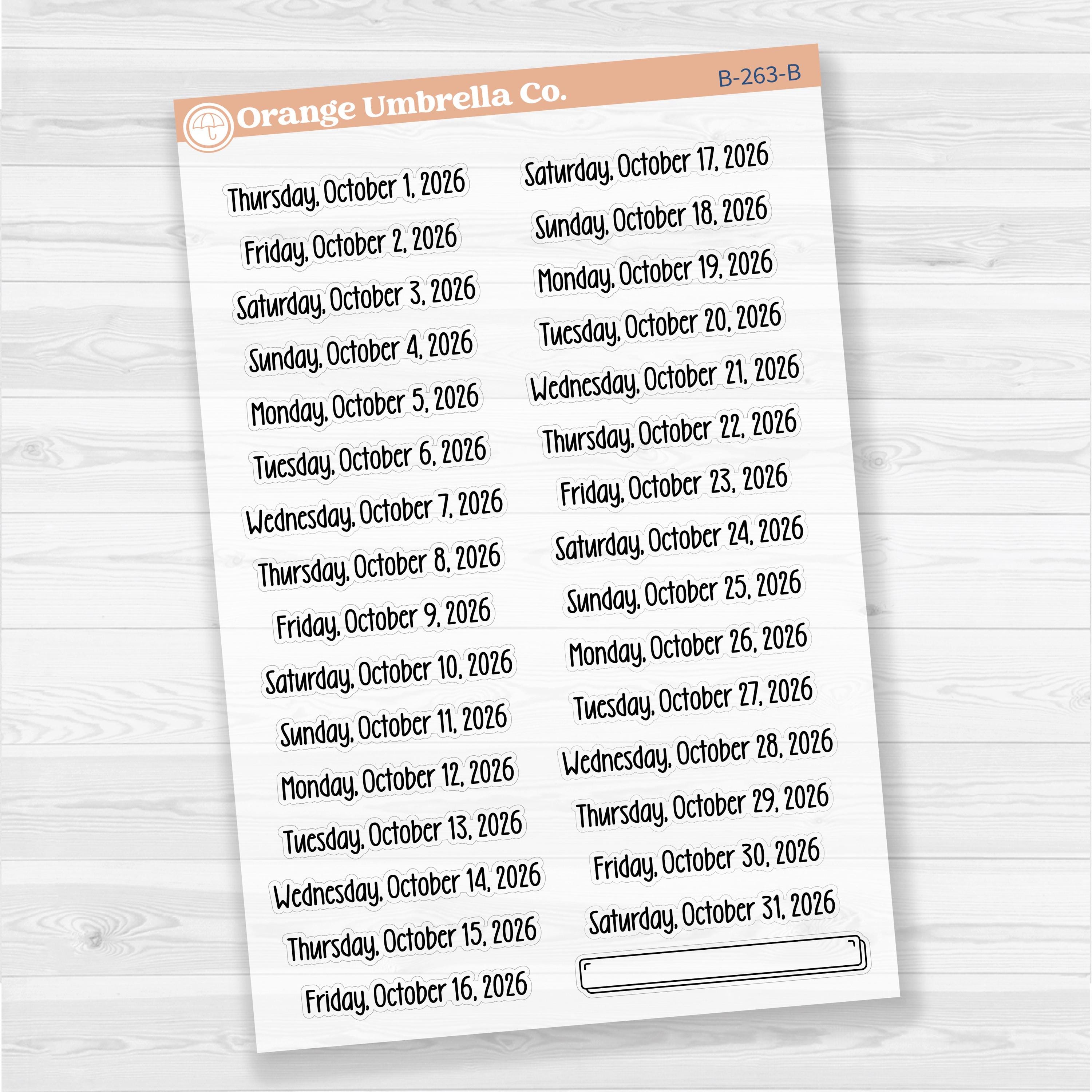 Sheet of clear matte planner stickers with dates for July-December 2026 in F18 font, 31 total.