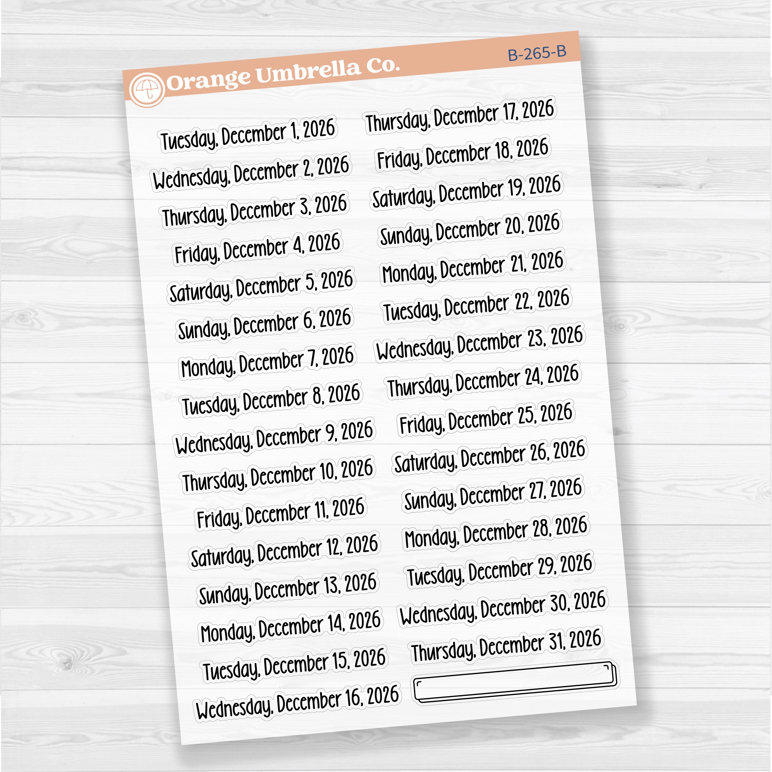 Sheet of clear matte planner stickers with dates for July-December 2026 in F18 font, 31 total.