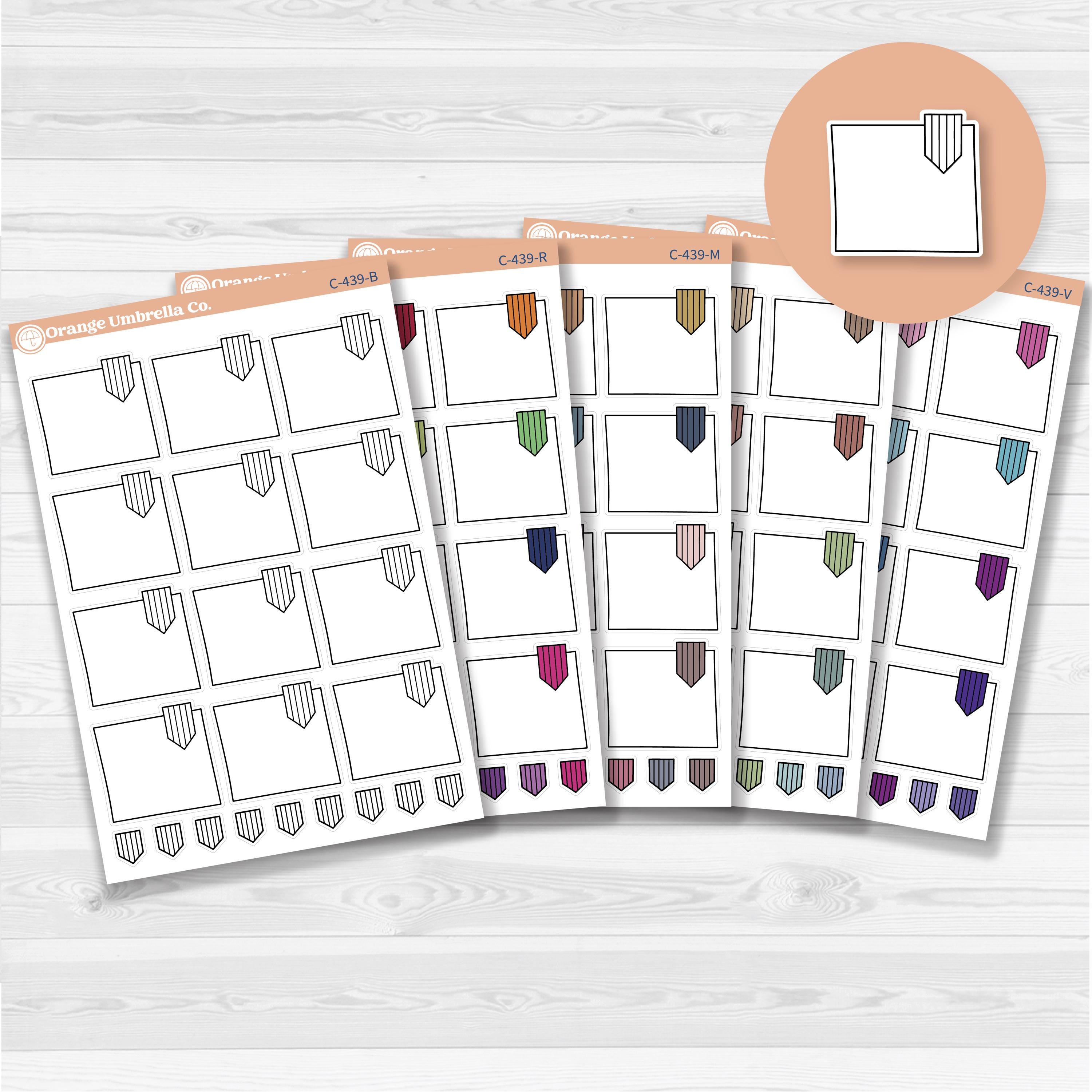 Large white flag journaling box sticker sheet with 12 big decorative flag boxes for planners and journaling.