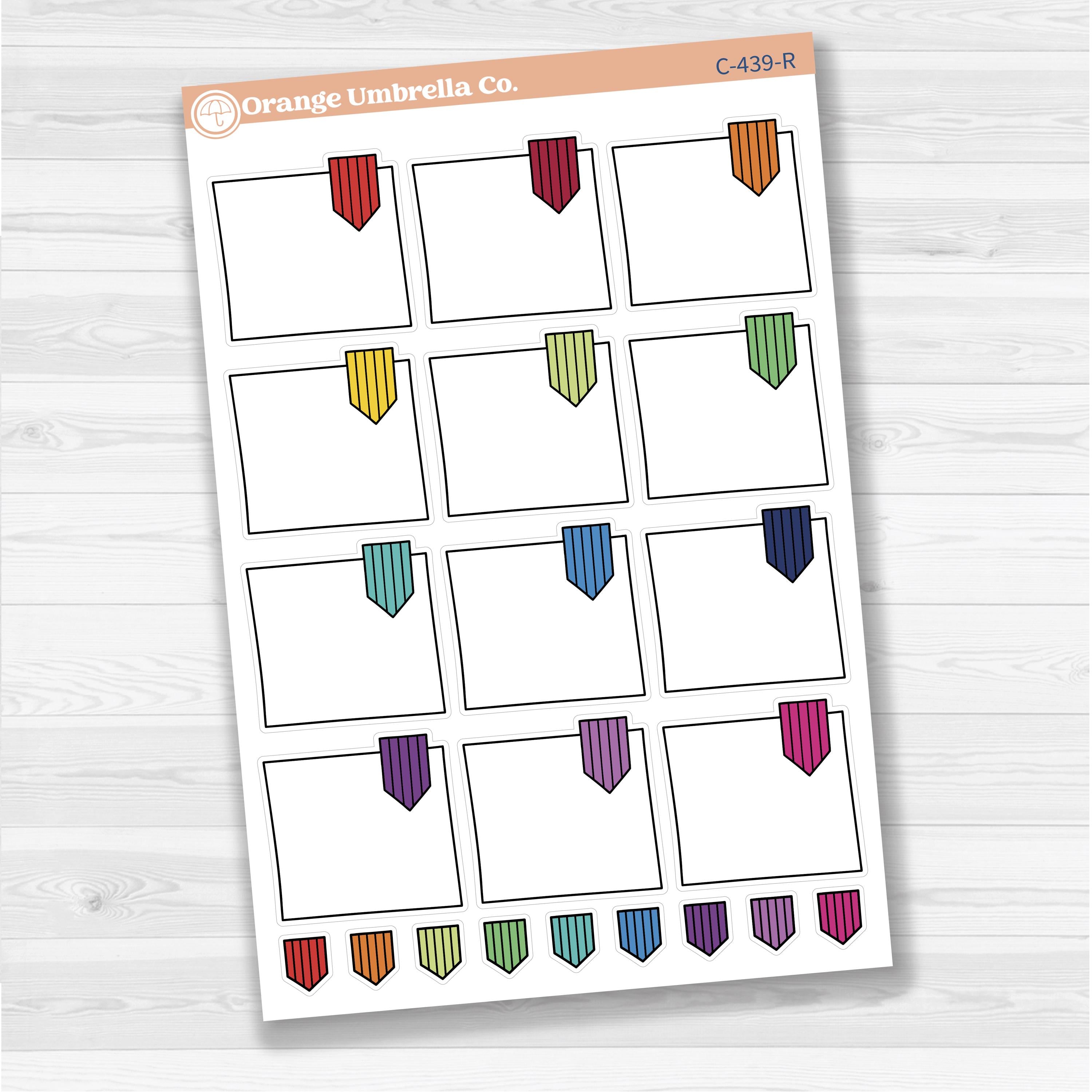 Large white flag journaling box sticker sheet with 12 big decorative flag boxes for planners and journaling.