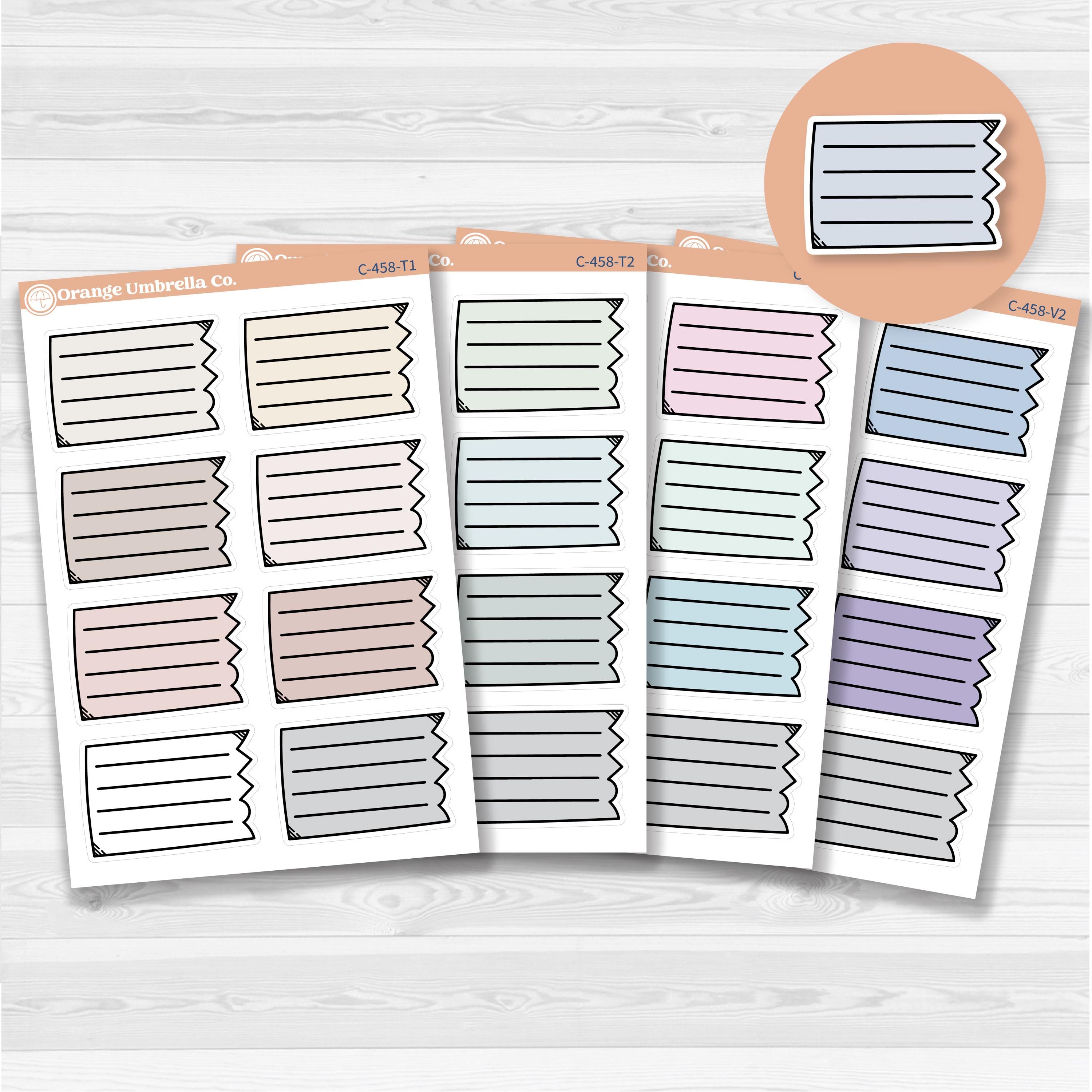 Sticker sheet with large torn lined note boxes for planners, scrapbooking, and Bible journaling — white matte.