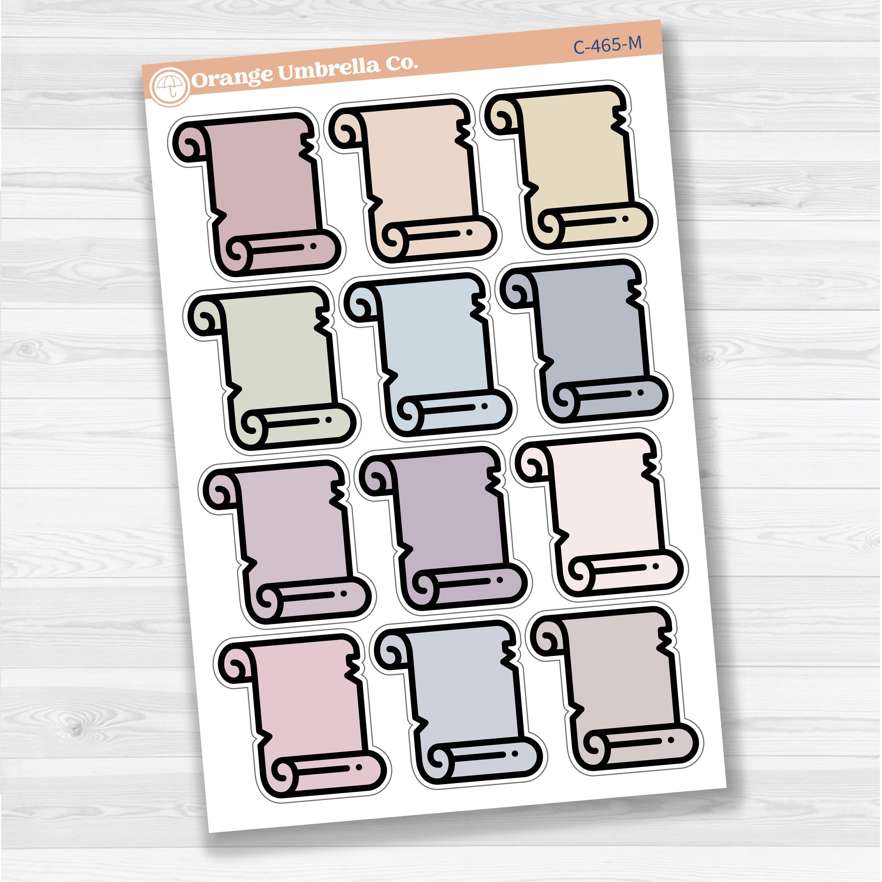 Sticker sheet with large scroll journaling notes for planners, Bible journaling, scrapbooking, and creative memory keeping — white matte.