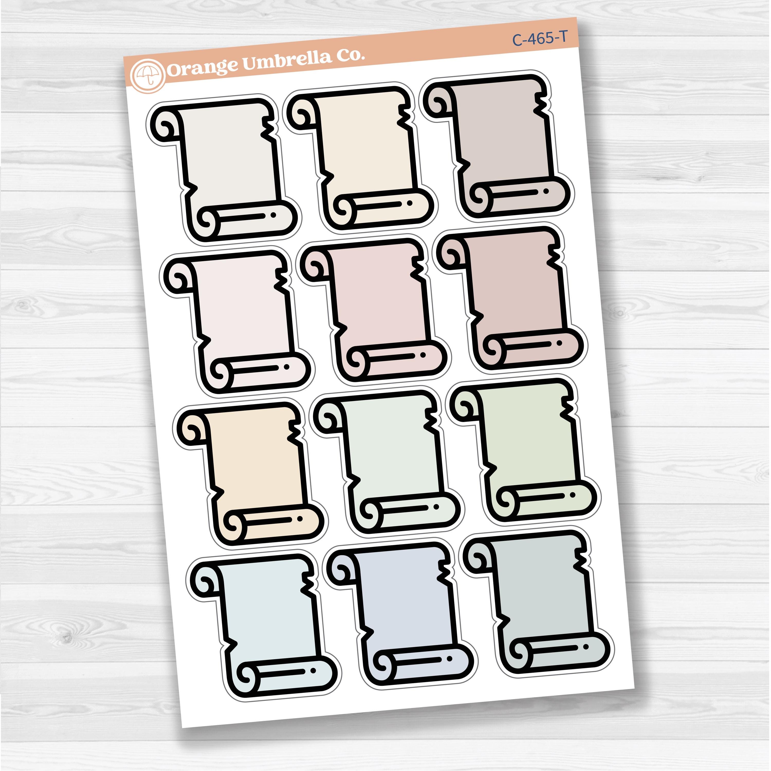 Sticker sheet with large scroll journaling notes for planners, Bible journaling, scrapbooking, and creative memory keeping — white matte.