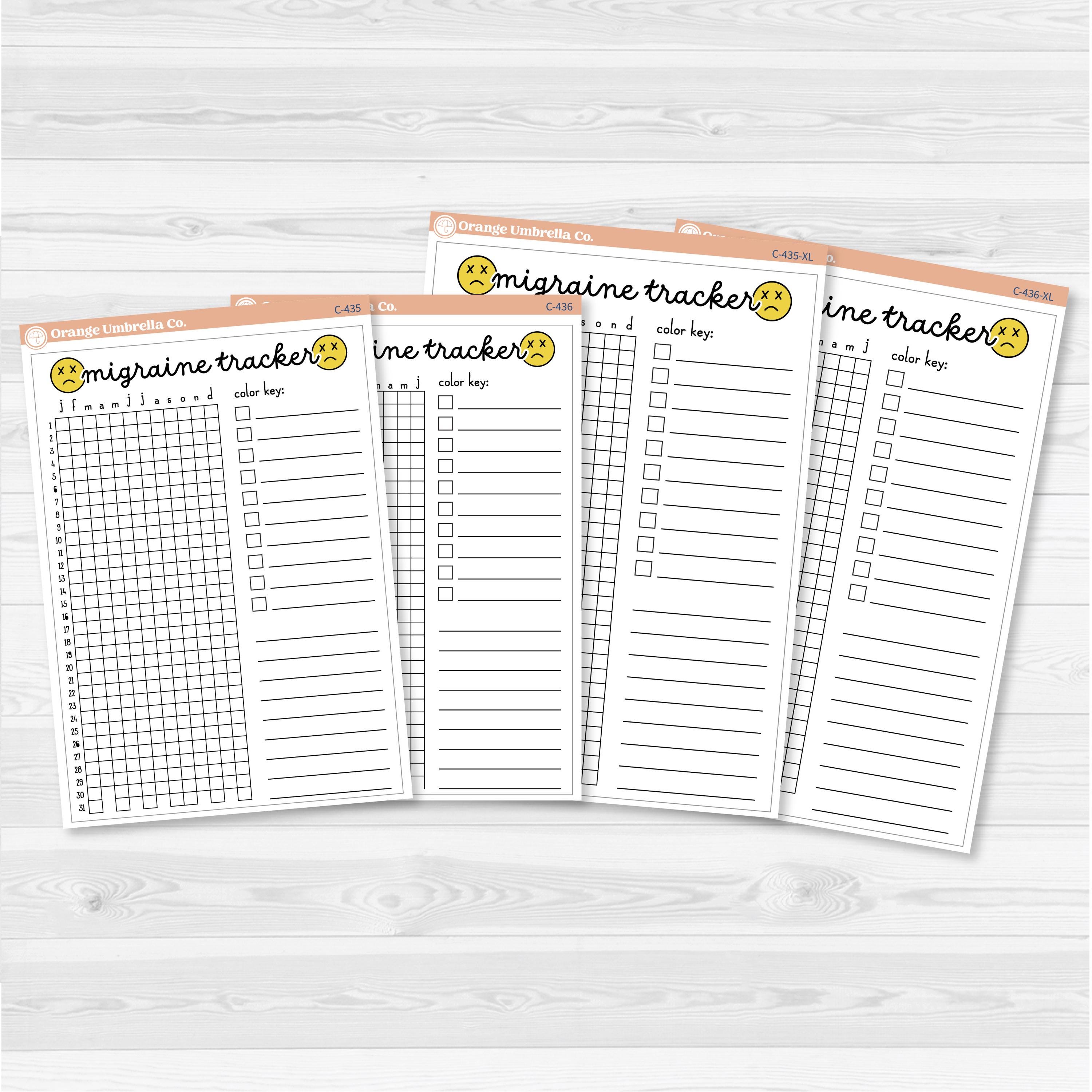 Migraine tracker full page dashboard sticker for planners, available in A5 and 7x9 sizes, removable white matte.