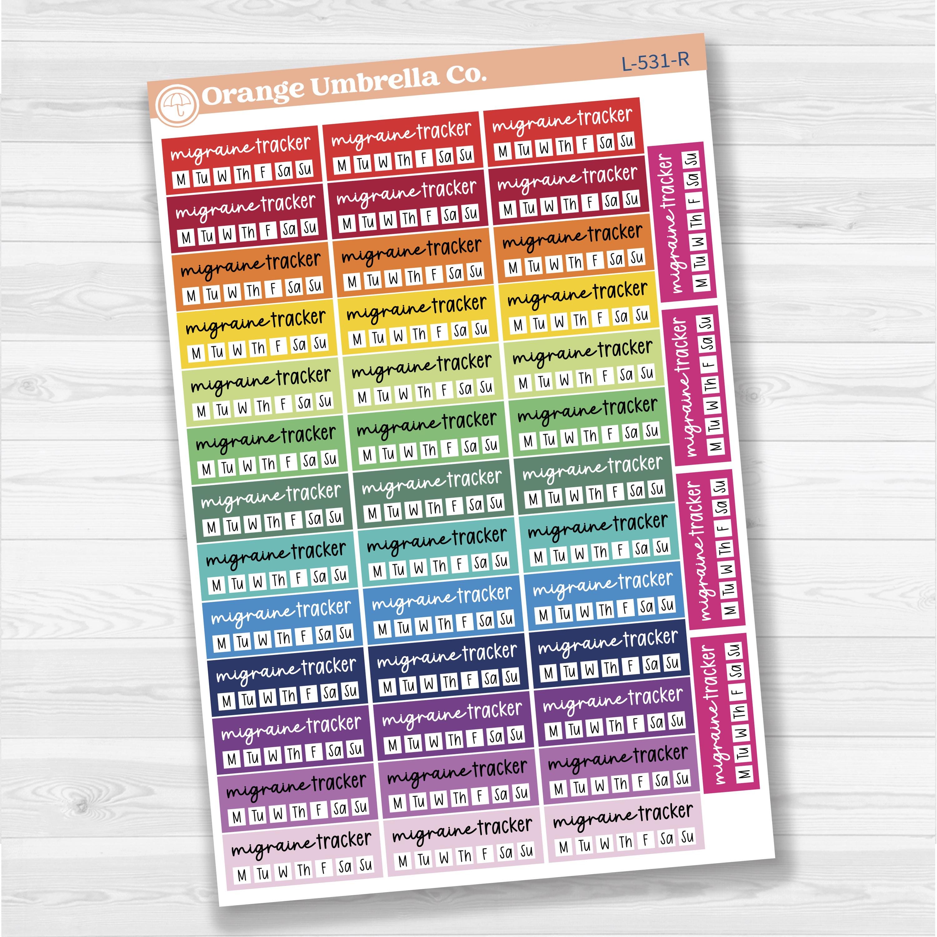 Migraine tracker quarter box stickers in F17 font for planners, health and wellness tracking, removable white matte.