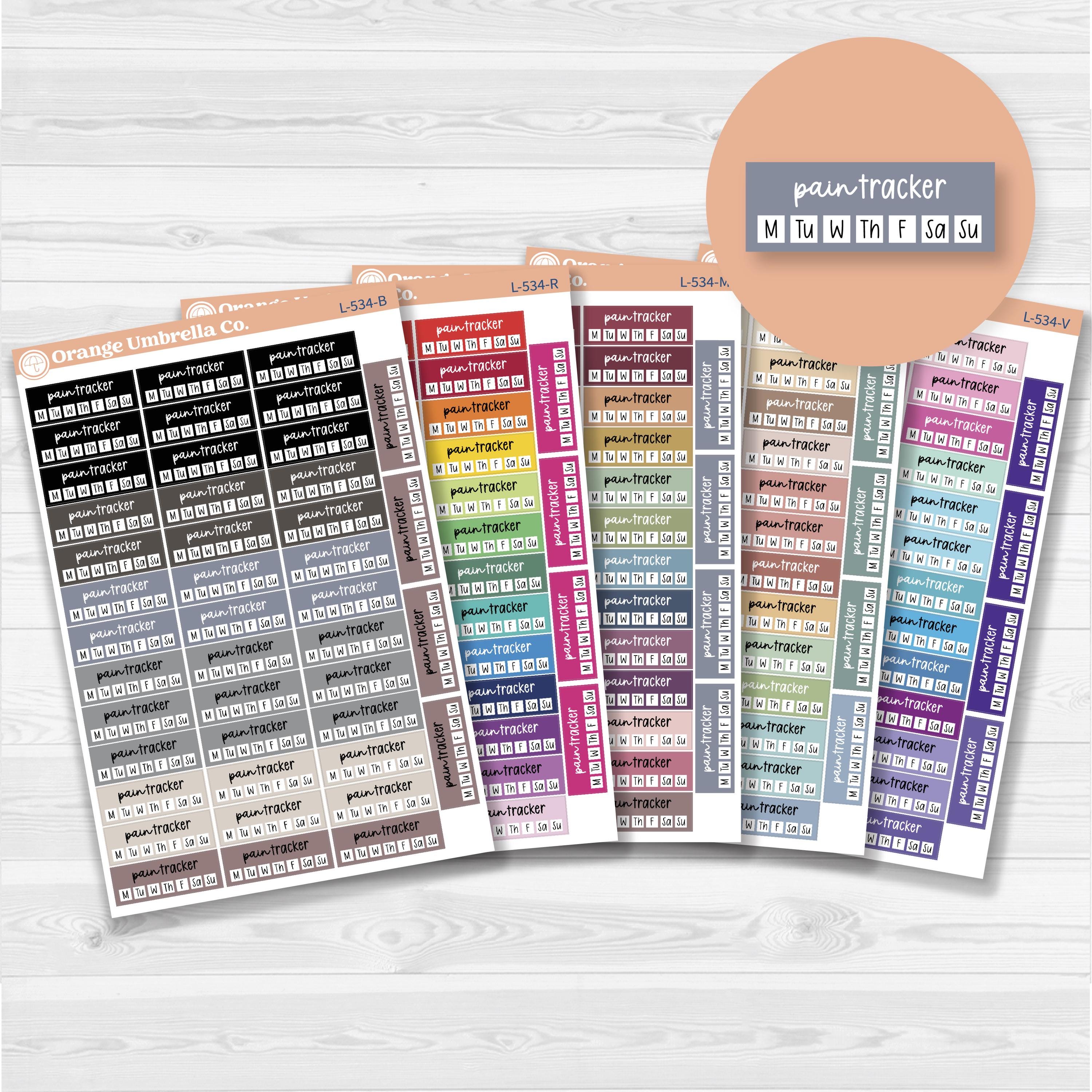 Removable white matte pain tracker sticker sheet with F17 font, for health and wellness tracking in planners and journals.