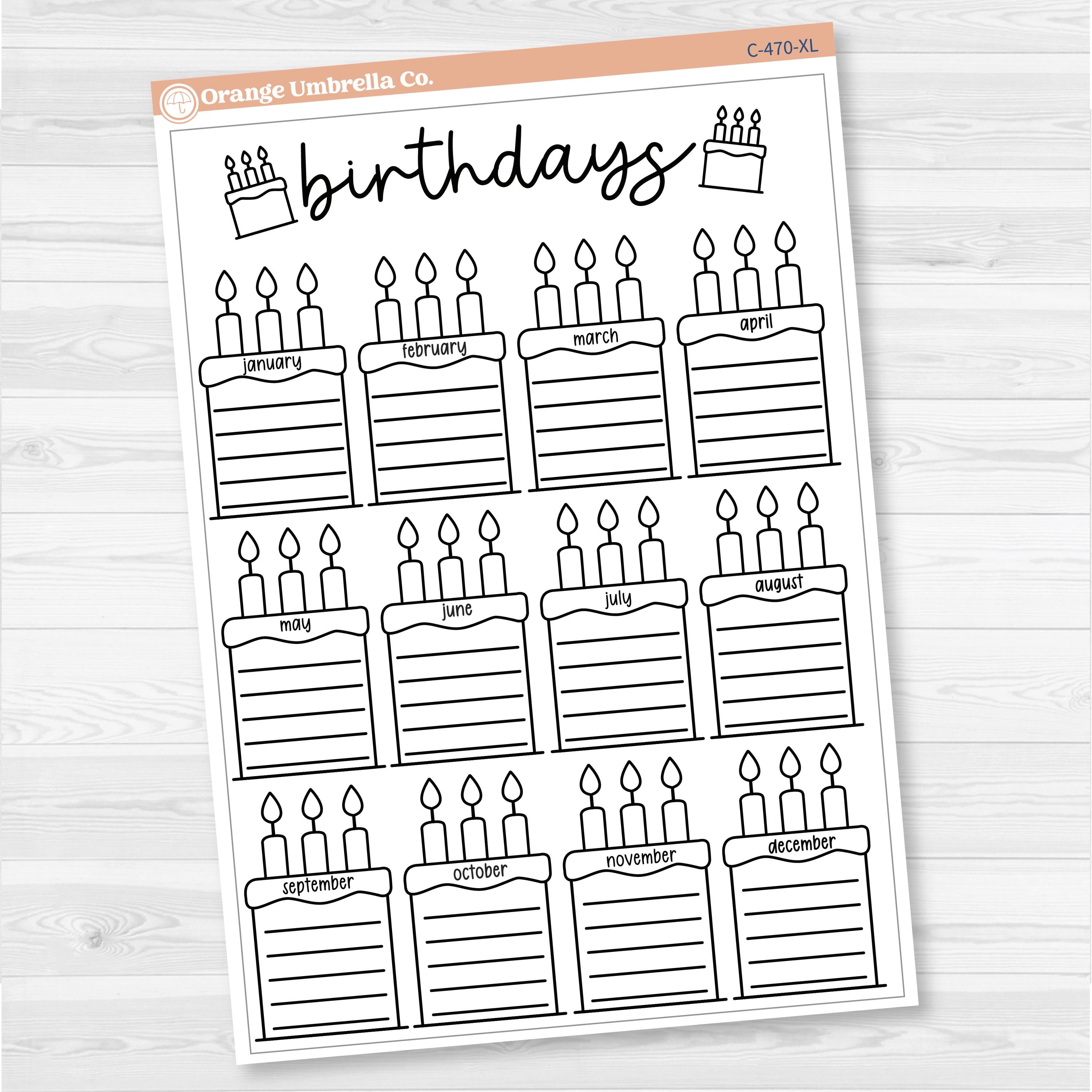 Birthday tracker full page dashboard sticker with cake illustrations for each month, available in A5 and 7x9 planner sizes, removable white matte.