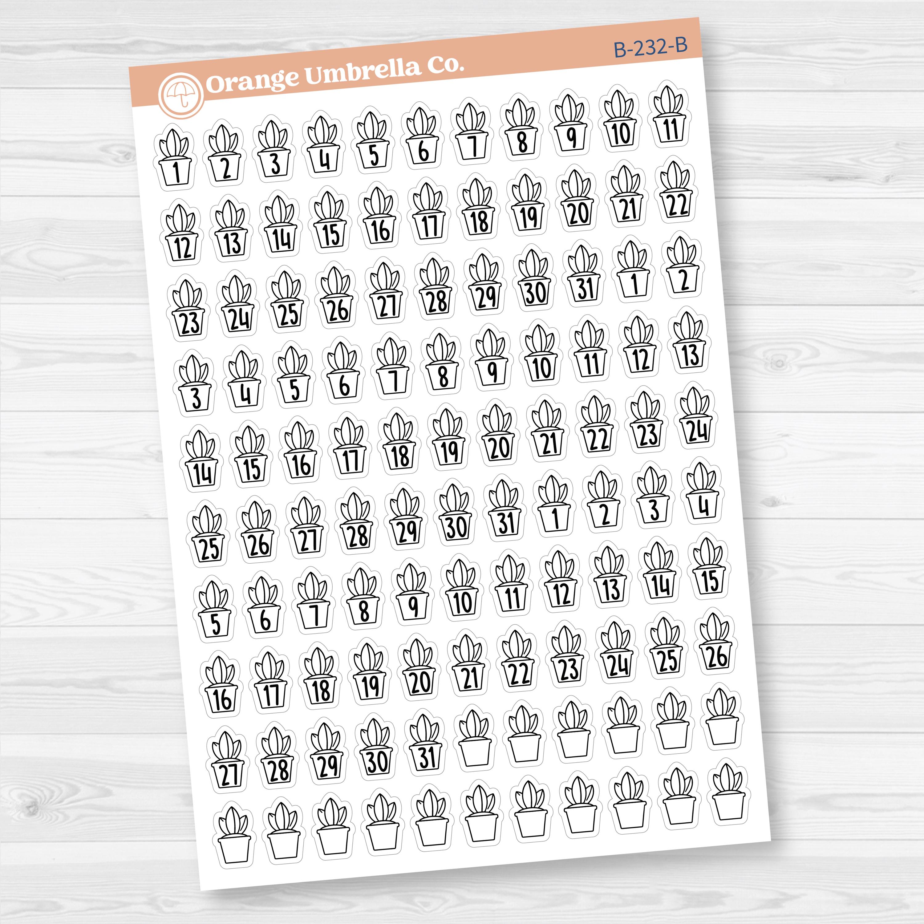 White matte plant date dot sticker sheet with 110 F17 font numbers, perfect for monthly planner and calendar spreads.