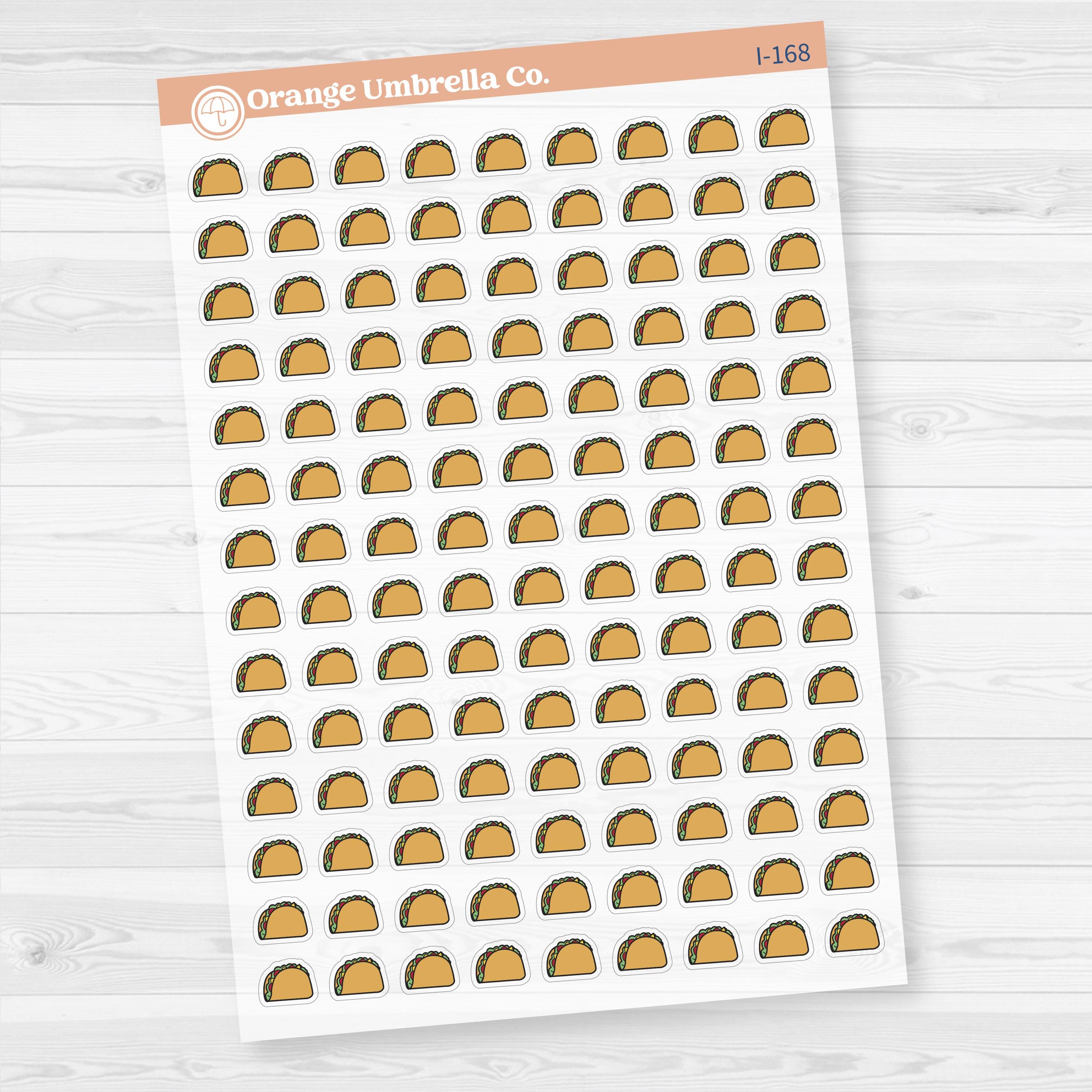 Clear matte taco icon planner sticker sheet with 126 small tacos for meal planning and taco night decorating.