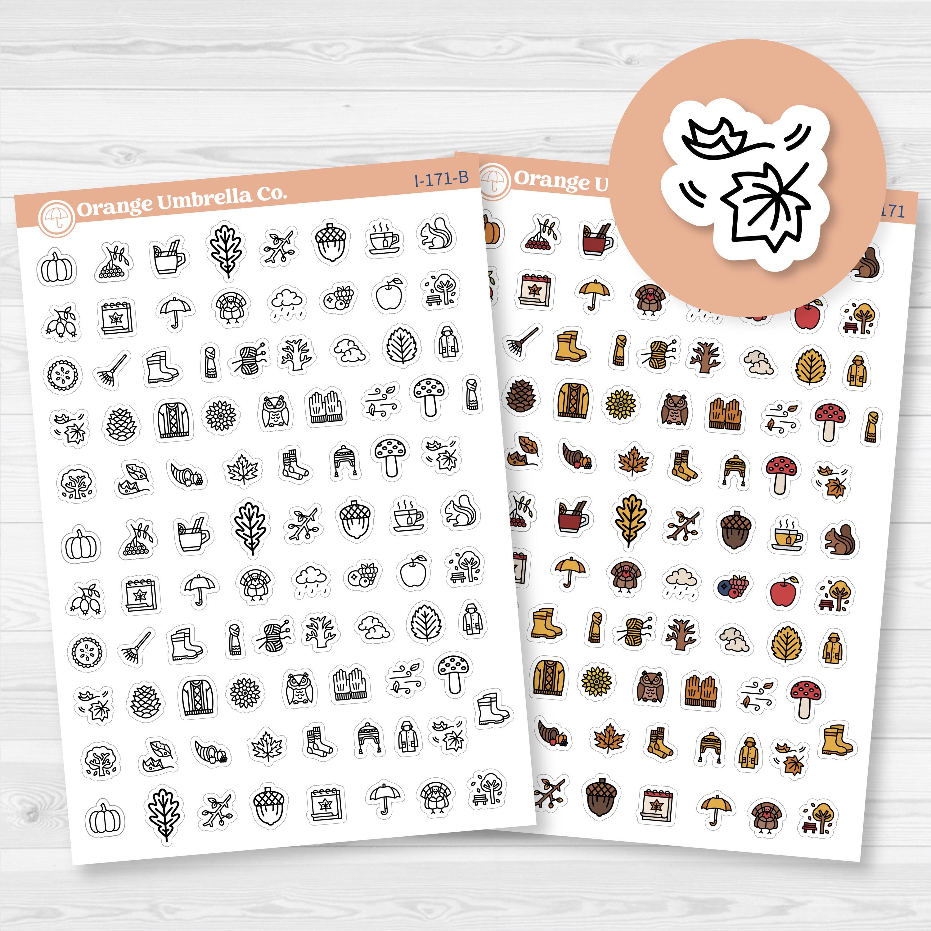 White matte fall and autumn icon sticker sheet with 92 cozy seasonal designs including pumpkins, leaves, and mugs.