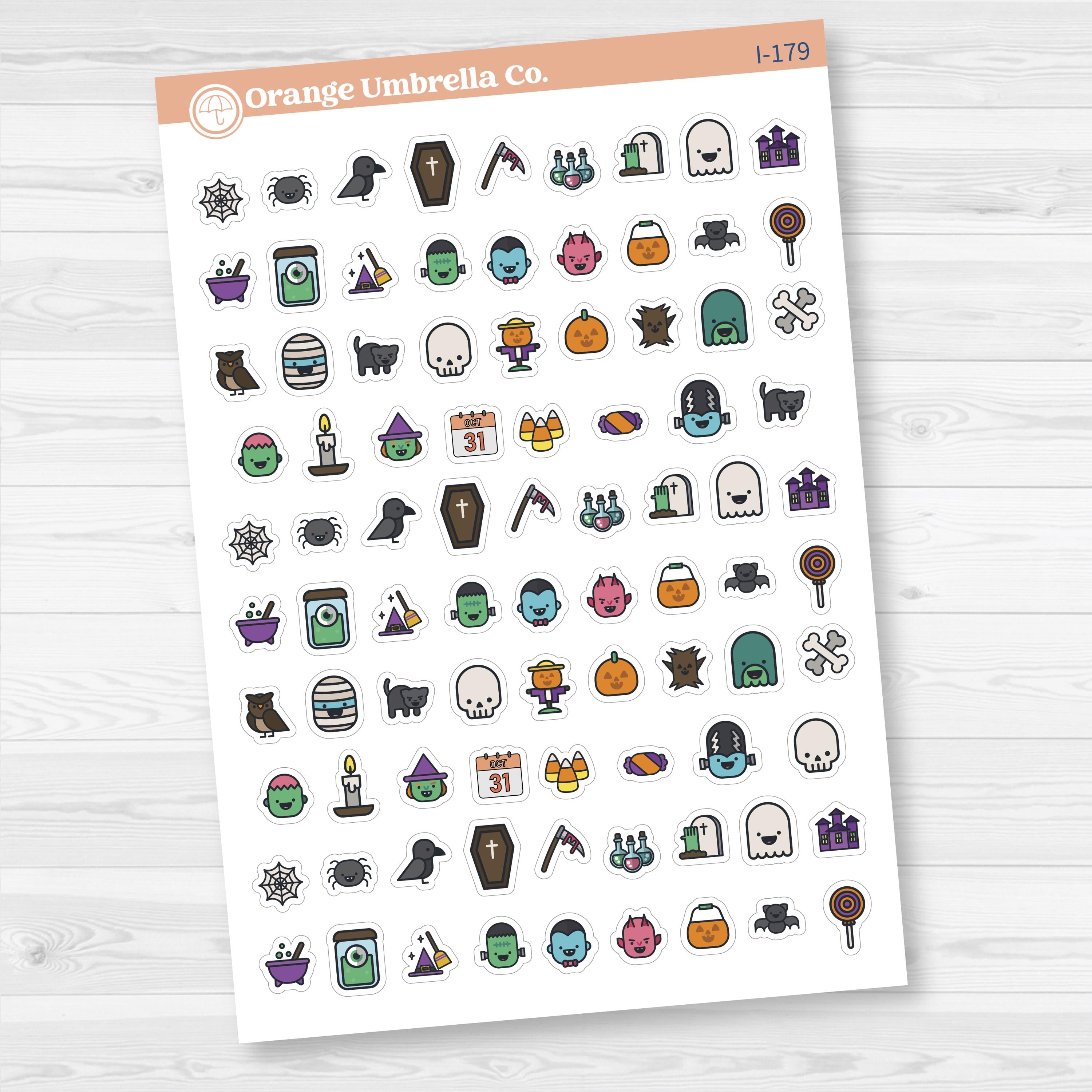White matte Halloween icon sticker sheet with 86 spooky-themed planner icons.