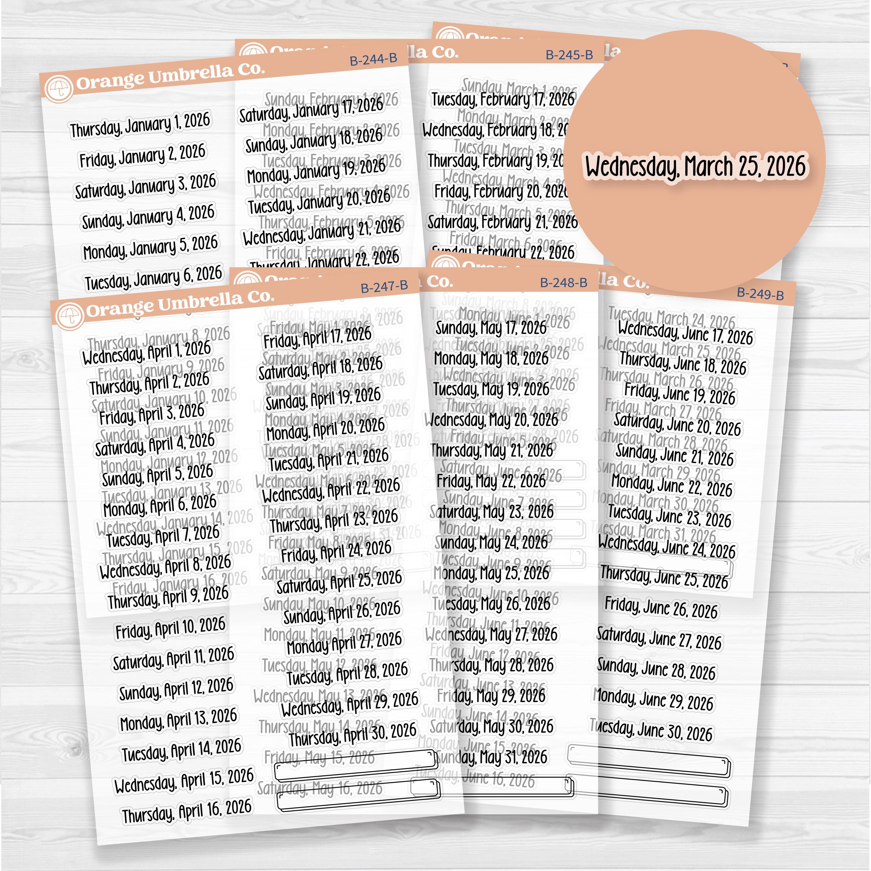 Dates of the Month 2026 | January-June Planner Stickers | F18 Clear Matte | B-244-249-BCM