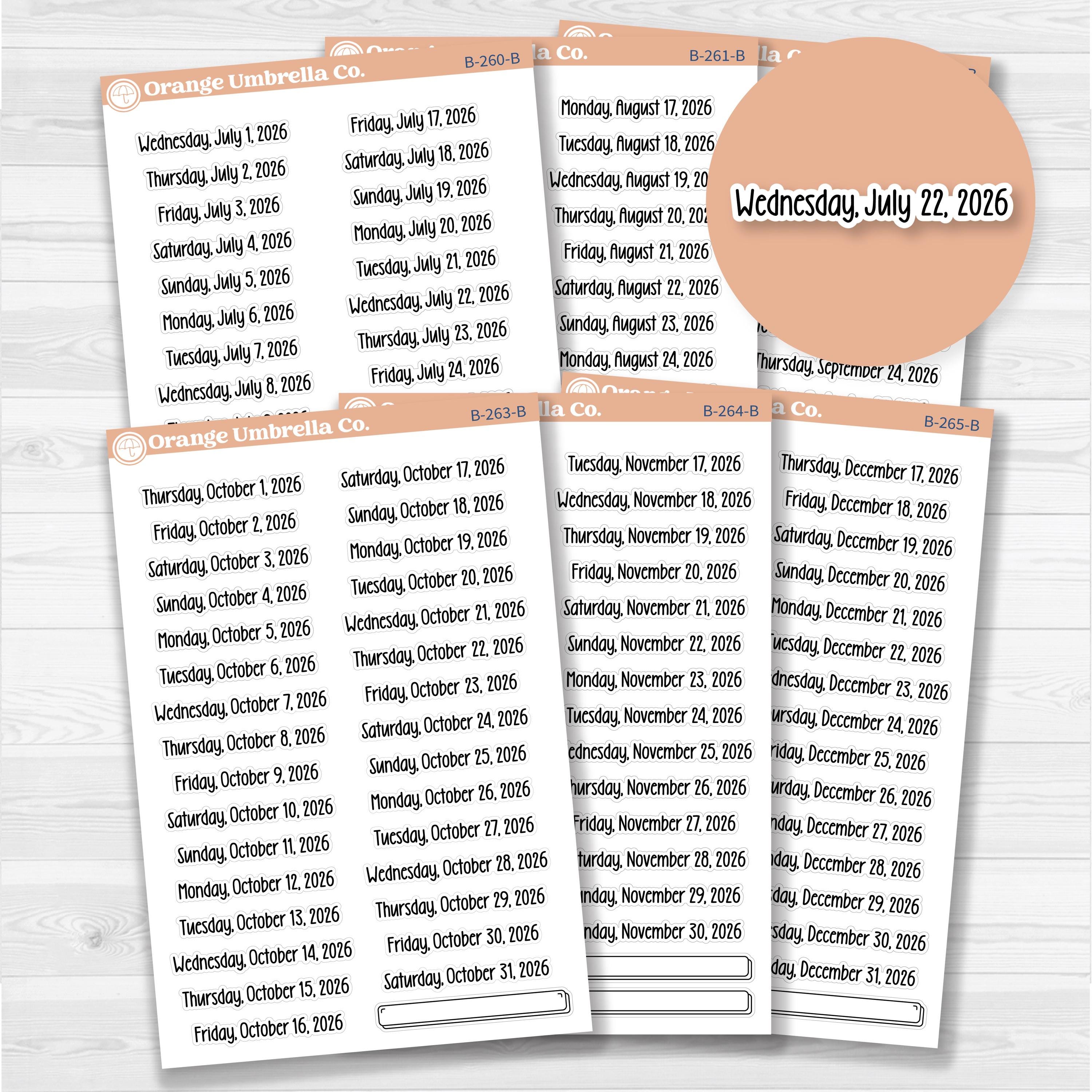 Sheet of white matte planner stickers with dates for July-December 2026 in F18 font, 31 total.
