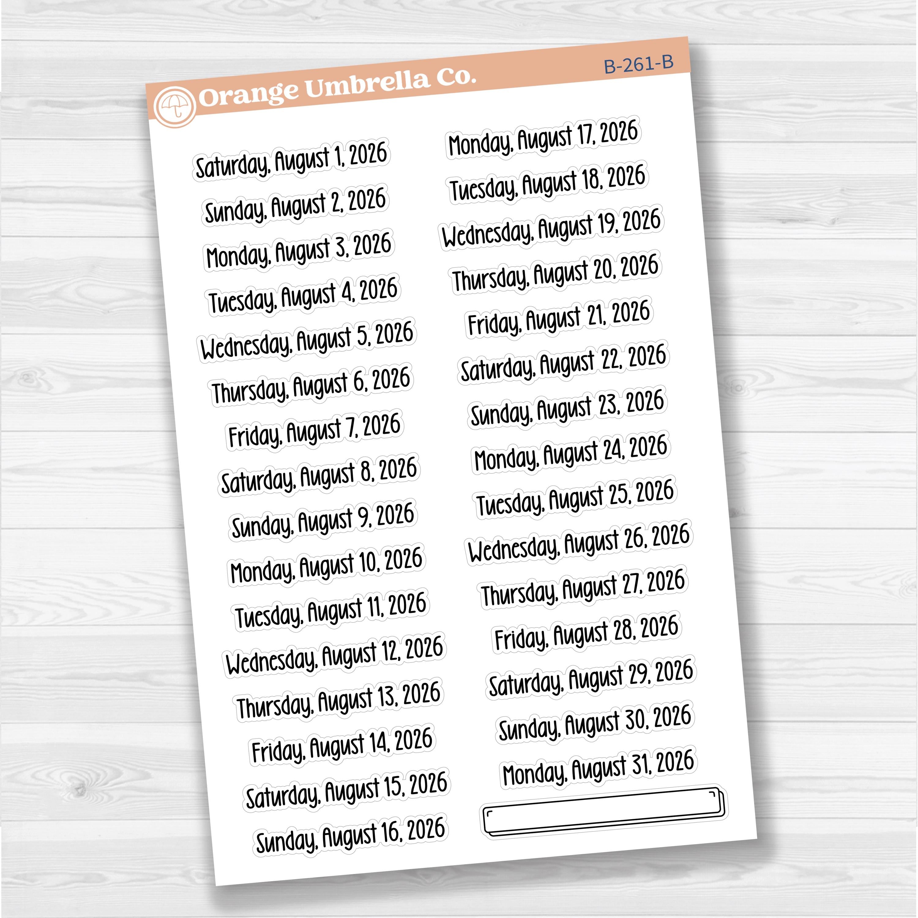 Sheet of white matte planner stickers with dates for July-December 2026 in F18 font, 31 total.