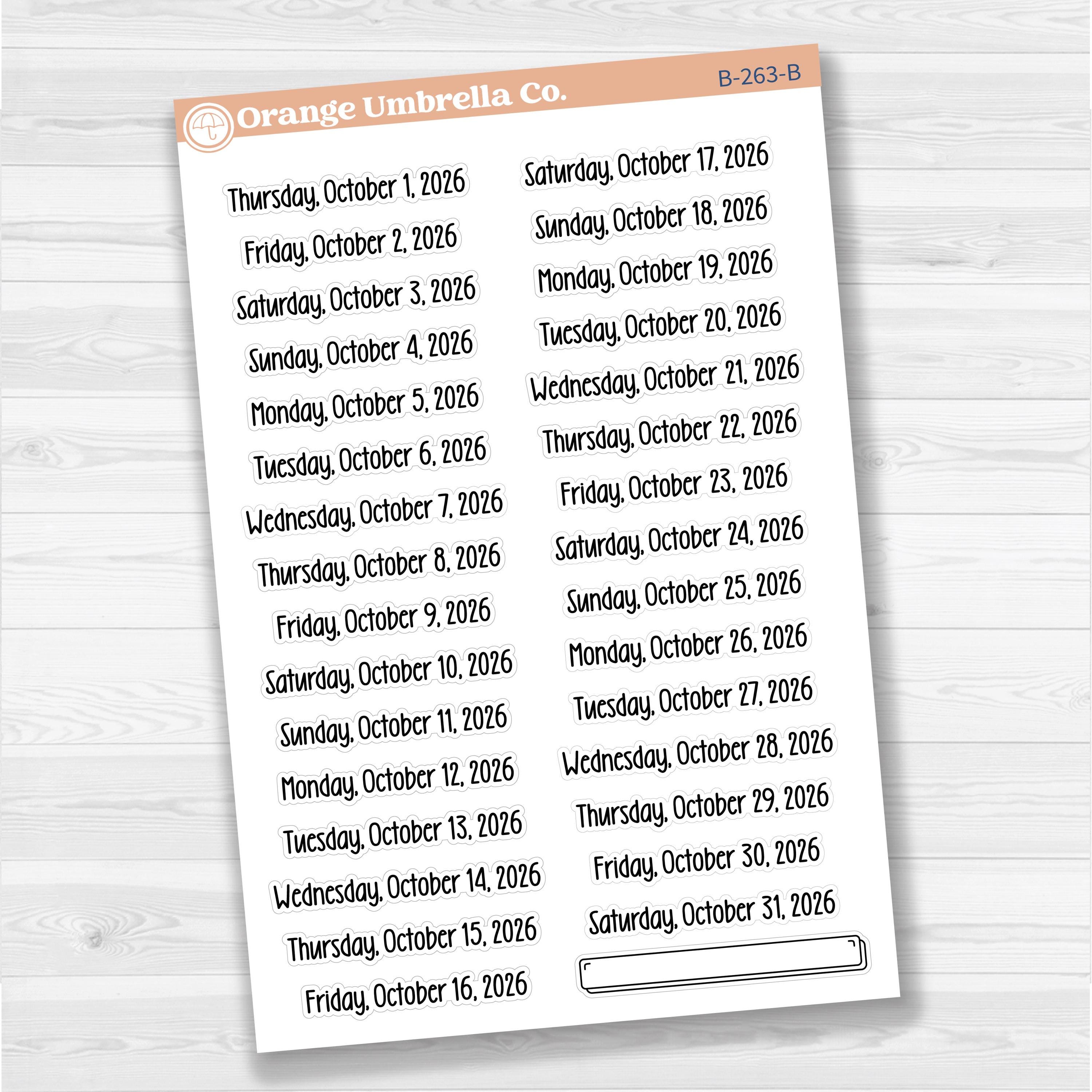 Sheet of white matte planner stickers with dates for July-December 2026 in F18 font, 31 total.