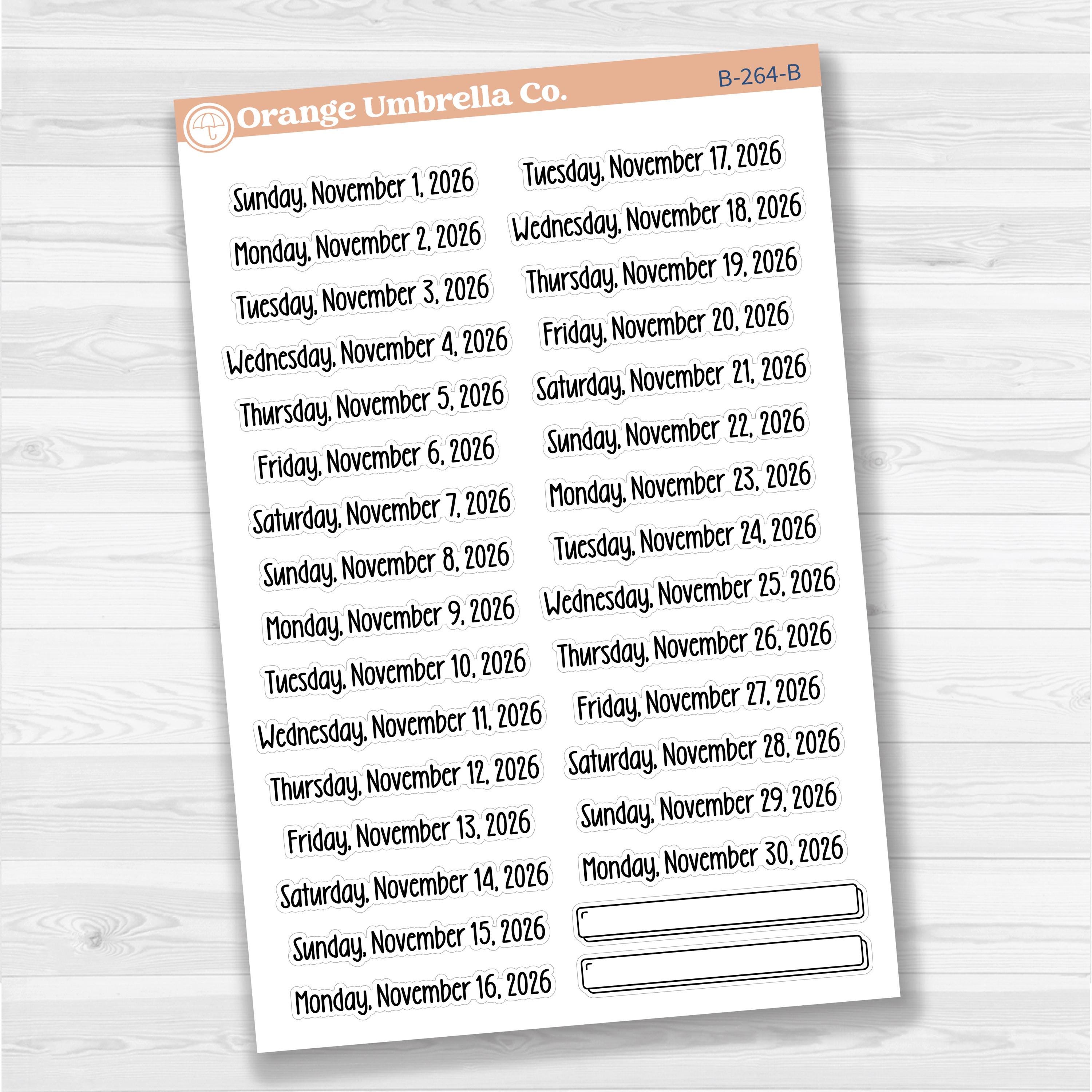 Sheet of white matte planner stickers with dates for July-December 2026 in F18 font, 31 total.