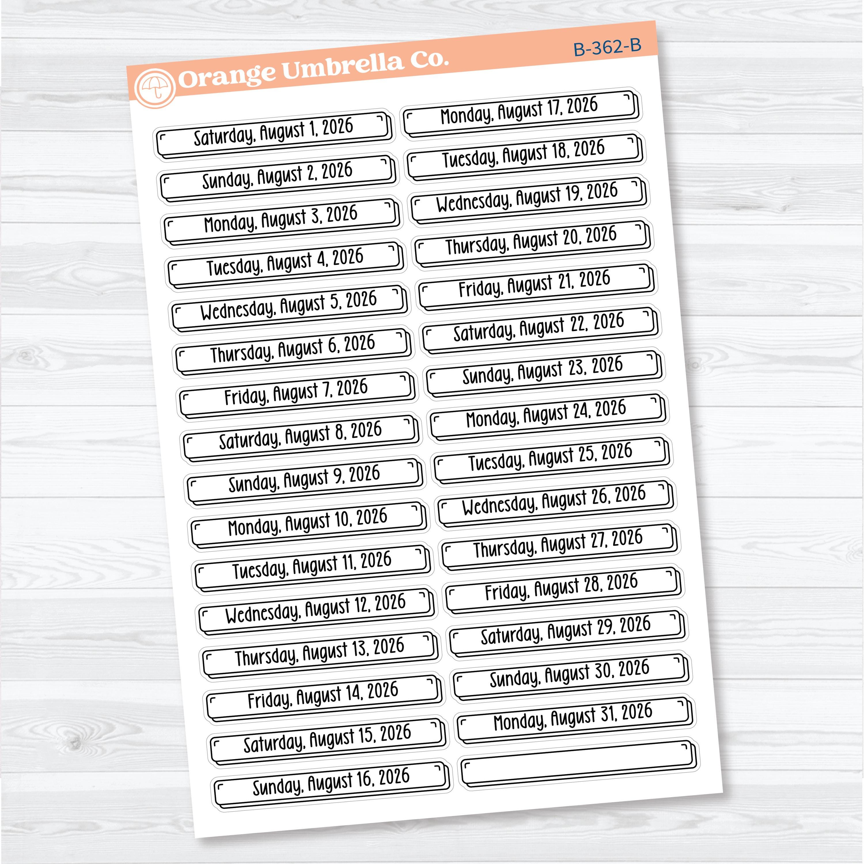 2026 Dates of the Month Labels | F18 Planner Stickers | July–December | B-361-366-B