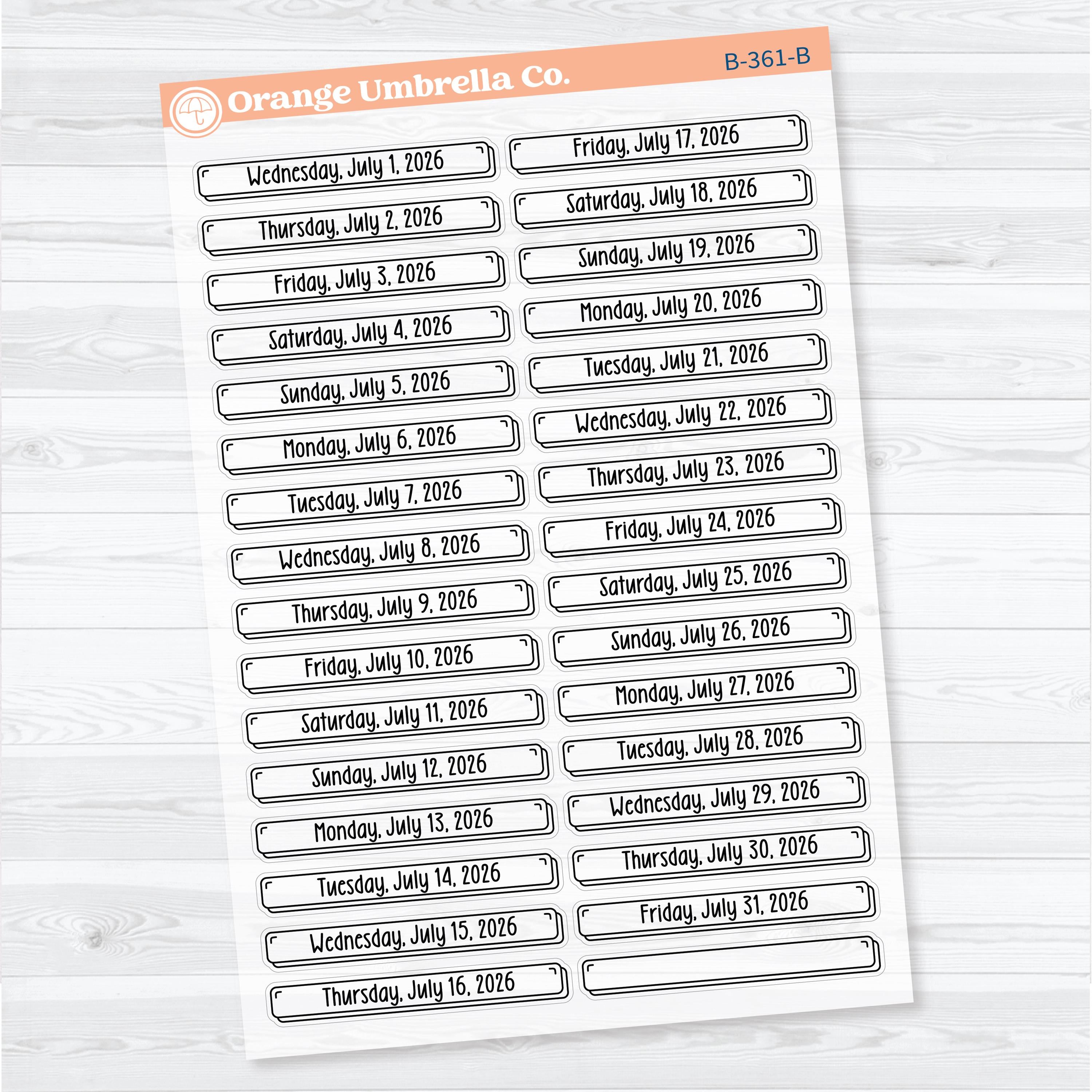 2026 Dates of the Month Labels | Clear Matte F18 Planner Stickers | July–December | B-361-366-BCM