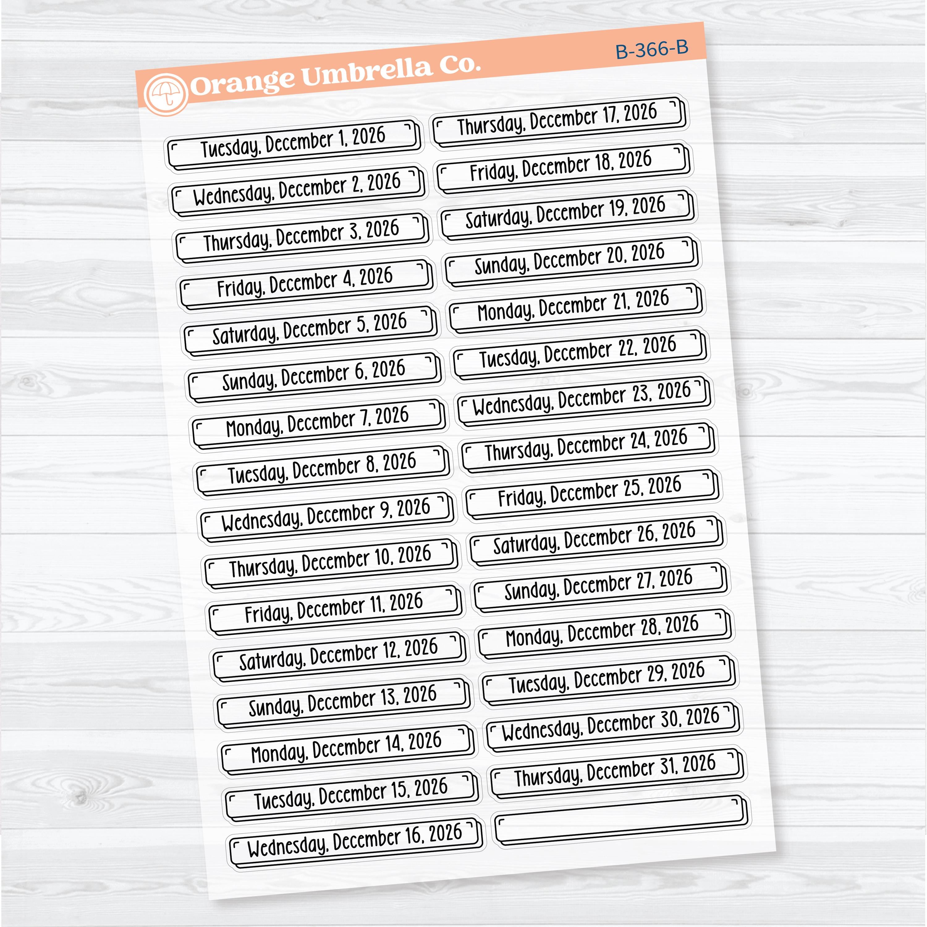 2026 Dates of the Month Labels | Clear Matte F18 Planner Stickers | July–December | B-361-366-BCM