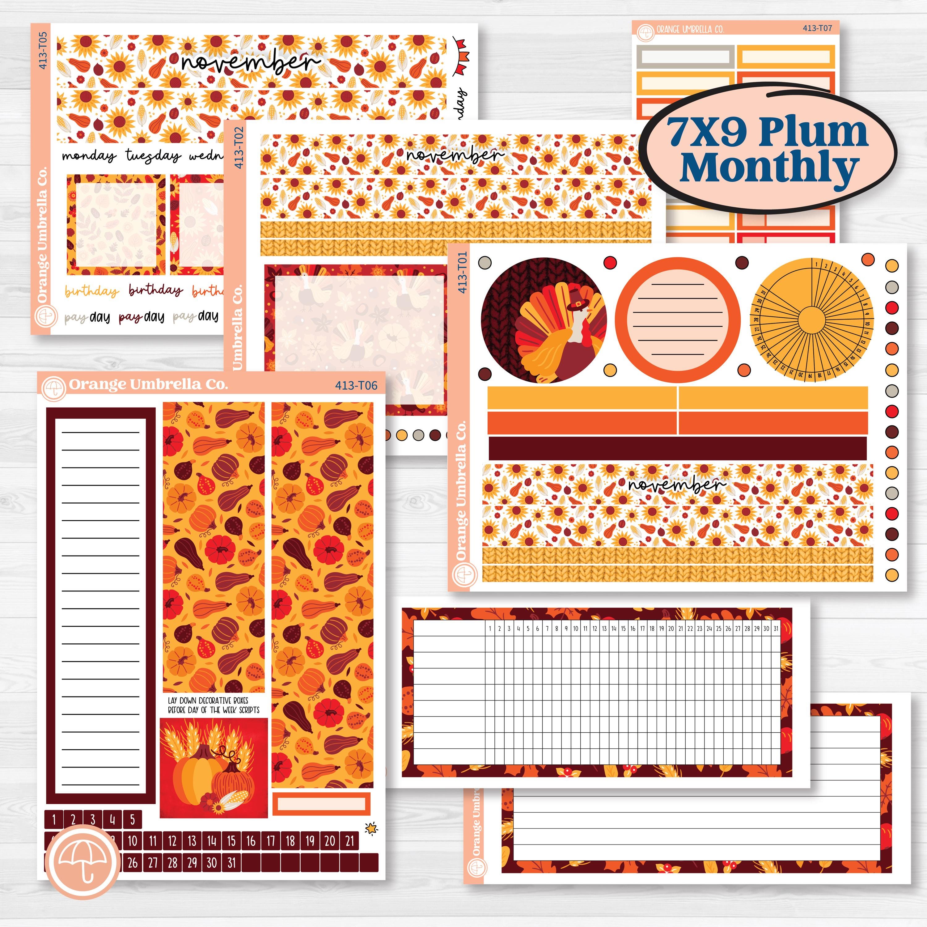Thanksgiving Autumn Kit | 7x9 Plum Monthly & Dashboard Planner Kit Stickers | Gobble | KIT-413-T