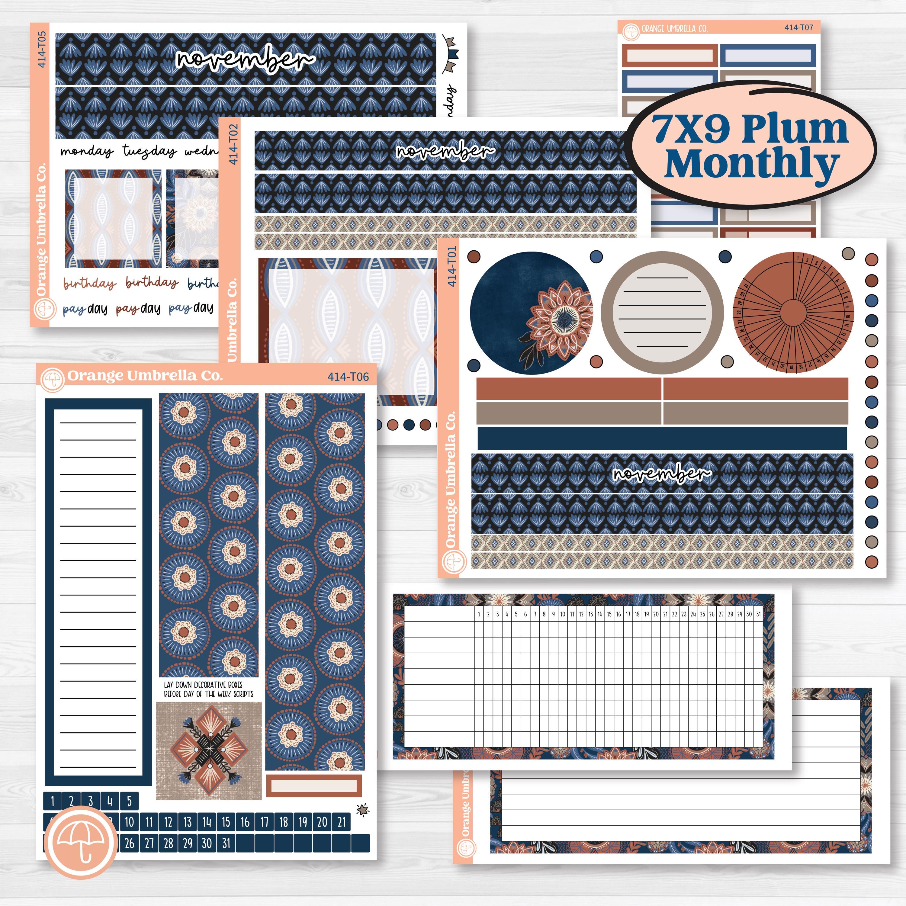 Patterned Boho Sticker Kit | 7x9 Plum Monthly & Dashboard Planner Kit Stickers | Katie | KIT-414-T