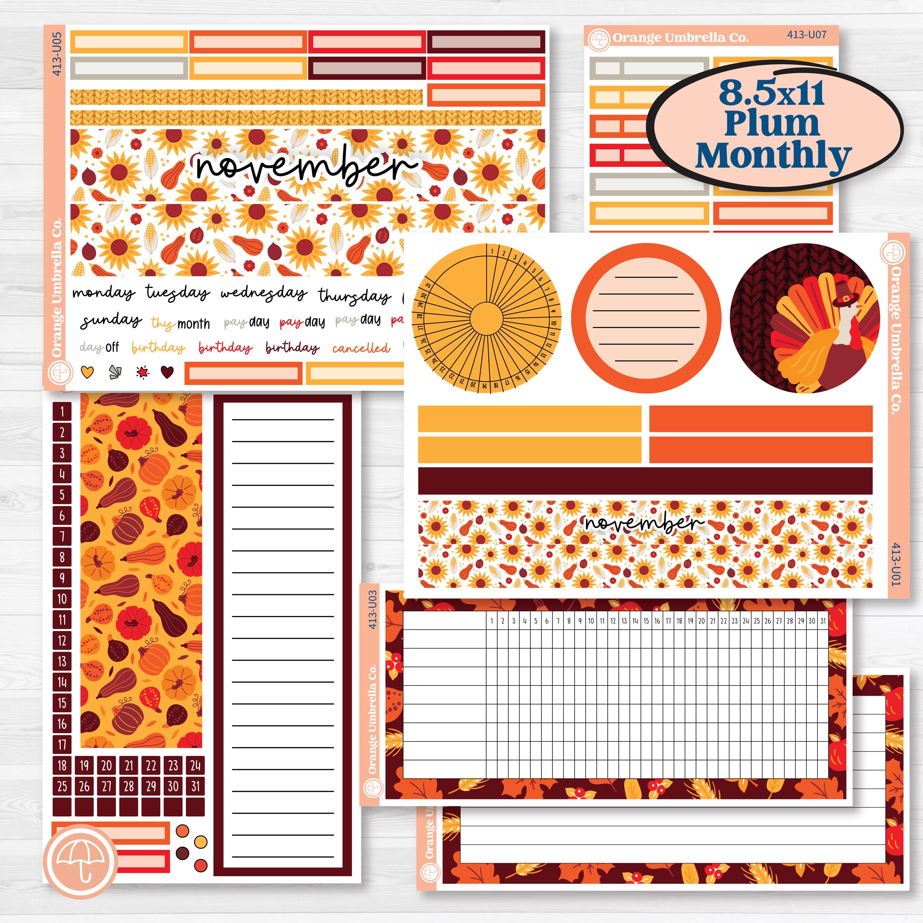 Thanksgiving Autumn Kit | 8.5x11 Plum Monthly & Dashboard Planner Kit Stickers | Gobble | KIT-413-U