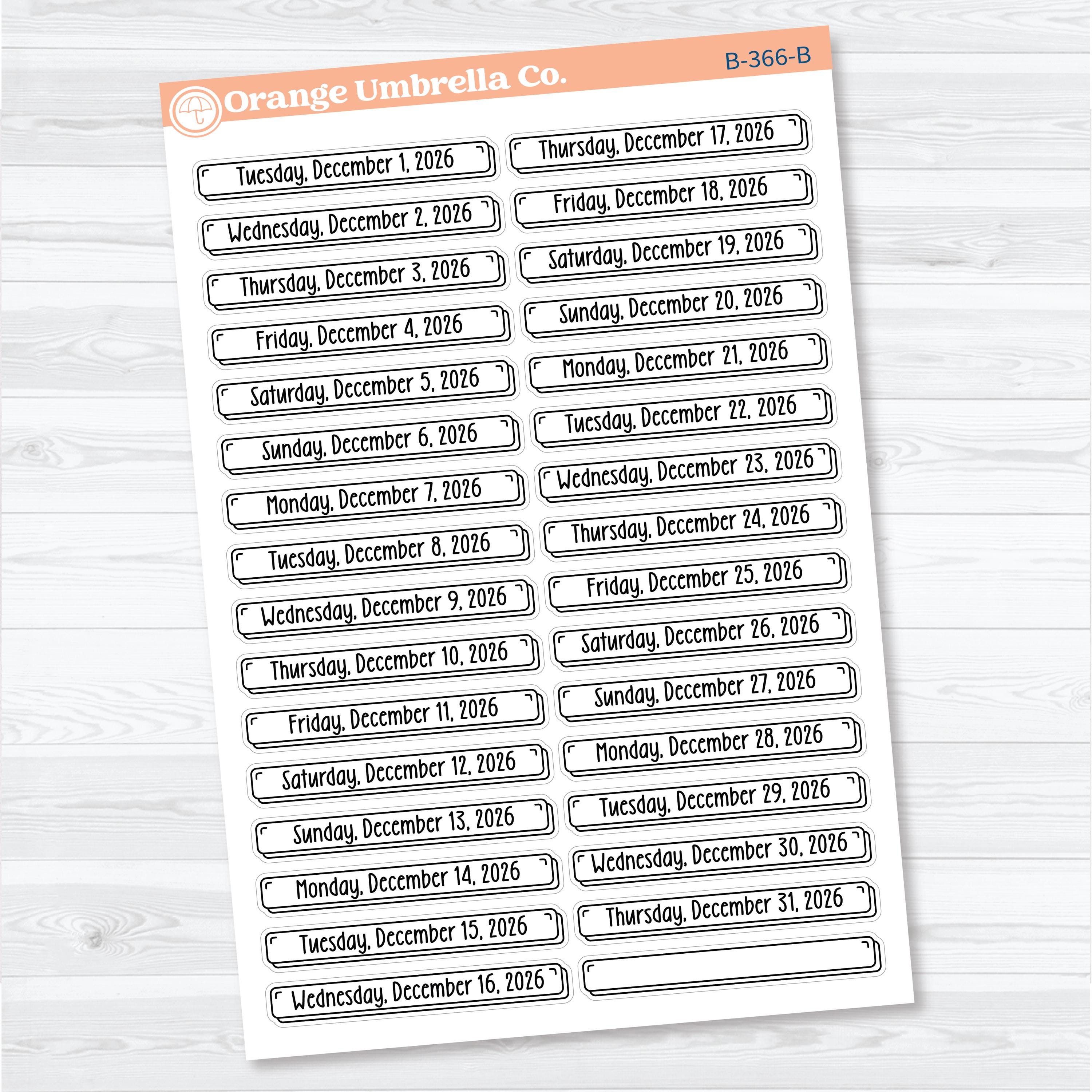2026 Dates of the Month Labels | F18 Planner Stickers | July–December | B-361-366-B