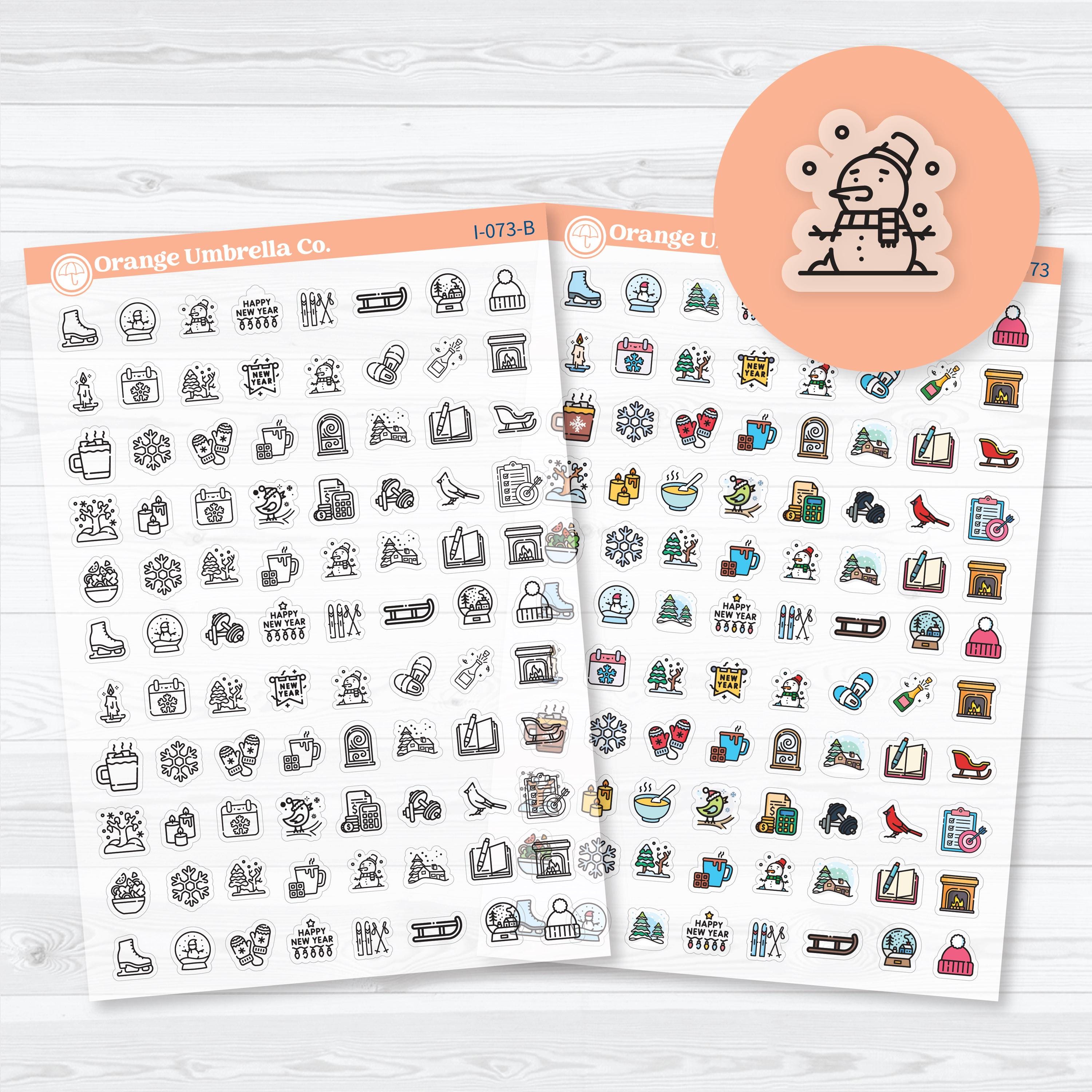 Clear matte January or Winter Icon planner stickers — transparent cozy seasonal icons with snowflakes, hot cocoa, and winter designs