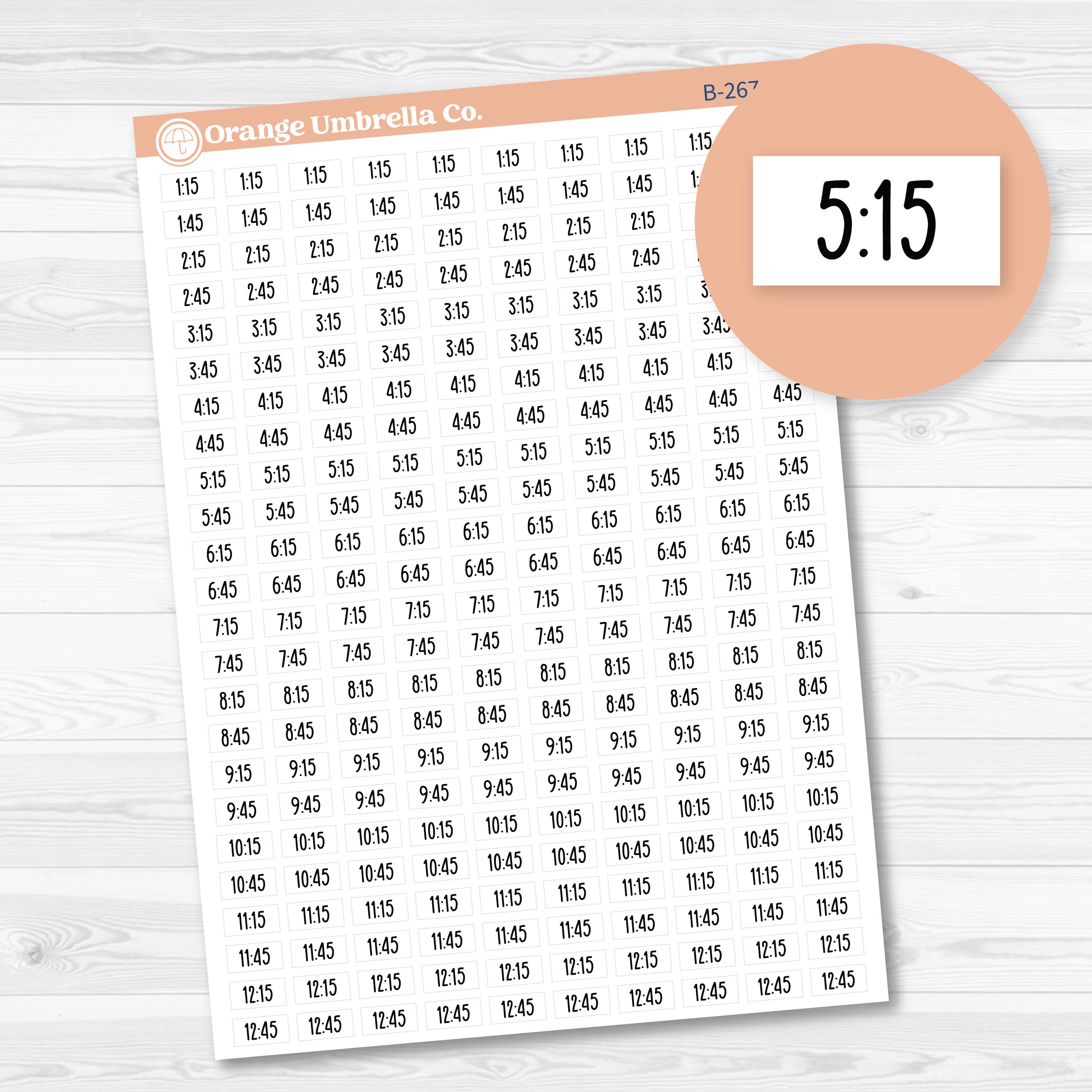 Quarter and three quarter hour time label planner stickers — F18 font stickers for 15-minute and 45-minute time-block planning