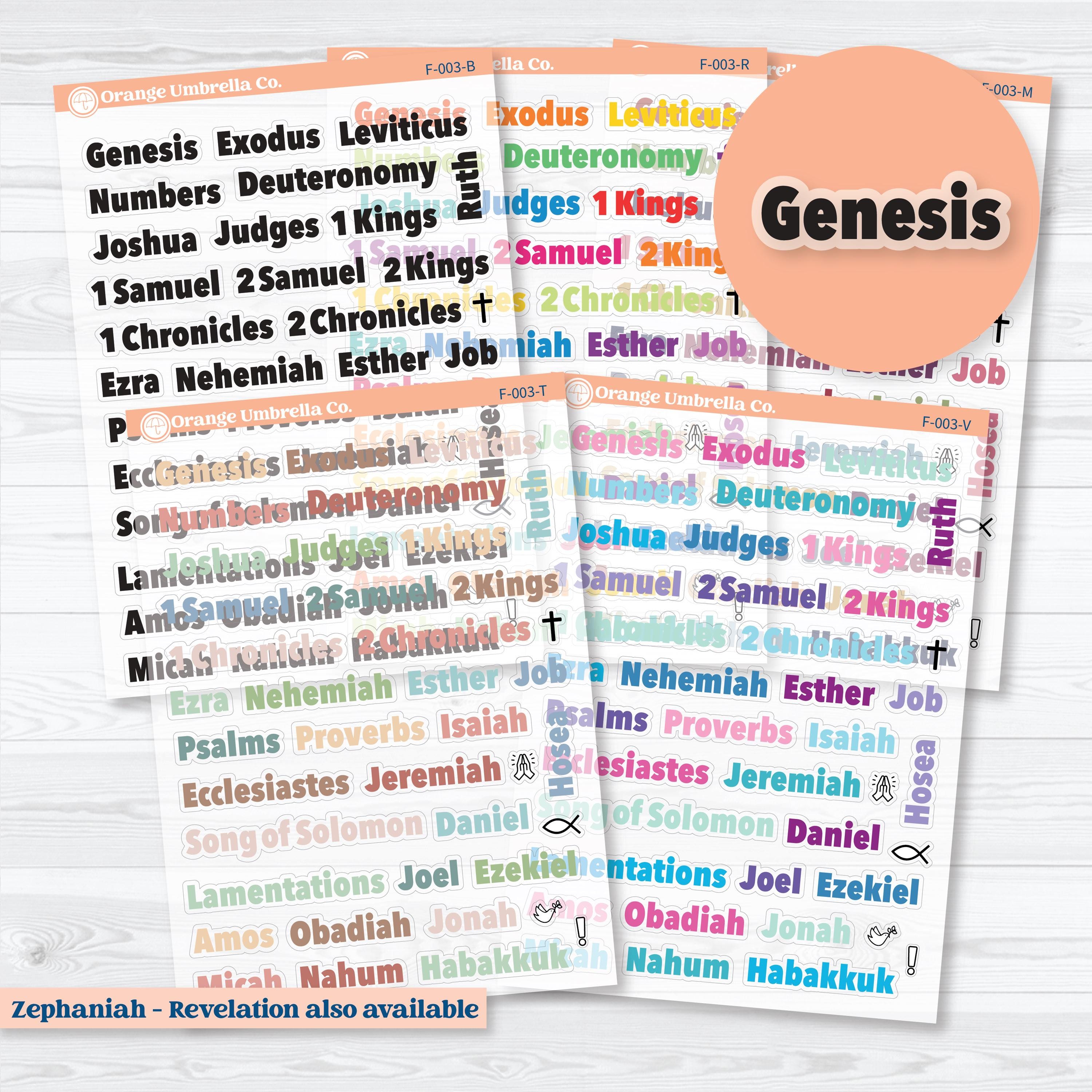 Clear matte Genesis to Habakkuk Books of the Bible planner stickers — transparent faith journaling stickers with Old Testament books and icons