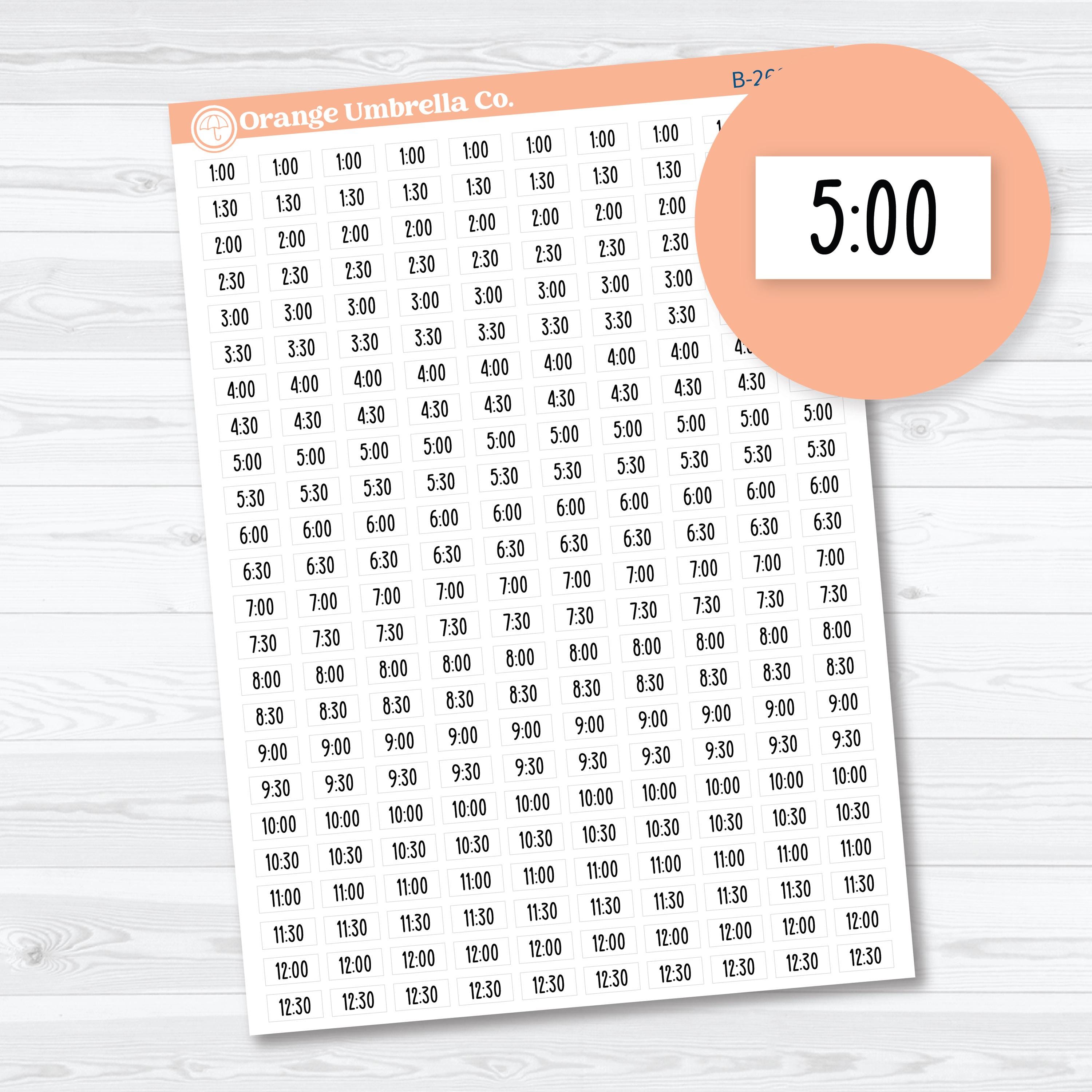 Hour and Half Hour Time Label planner stickers — F18 font daily schedule and appointment stickers for hourly and Hobonichi planners