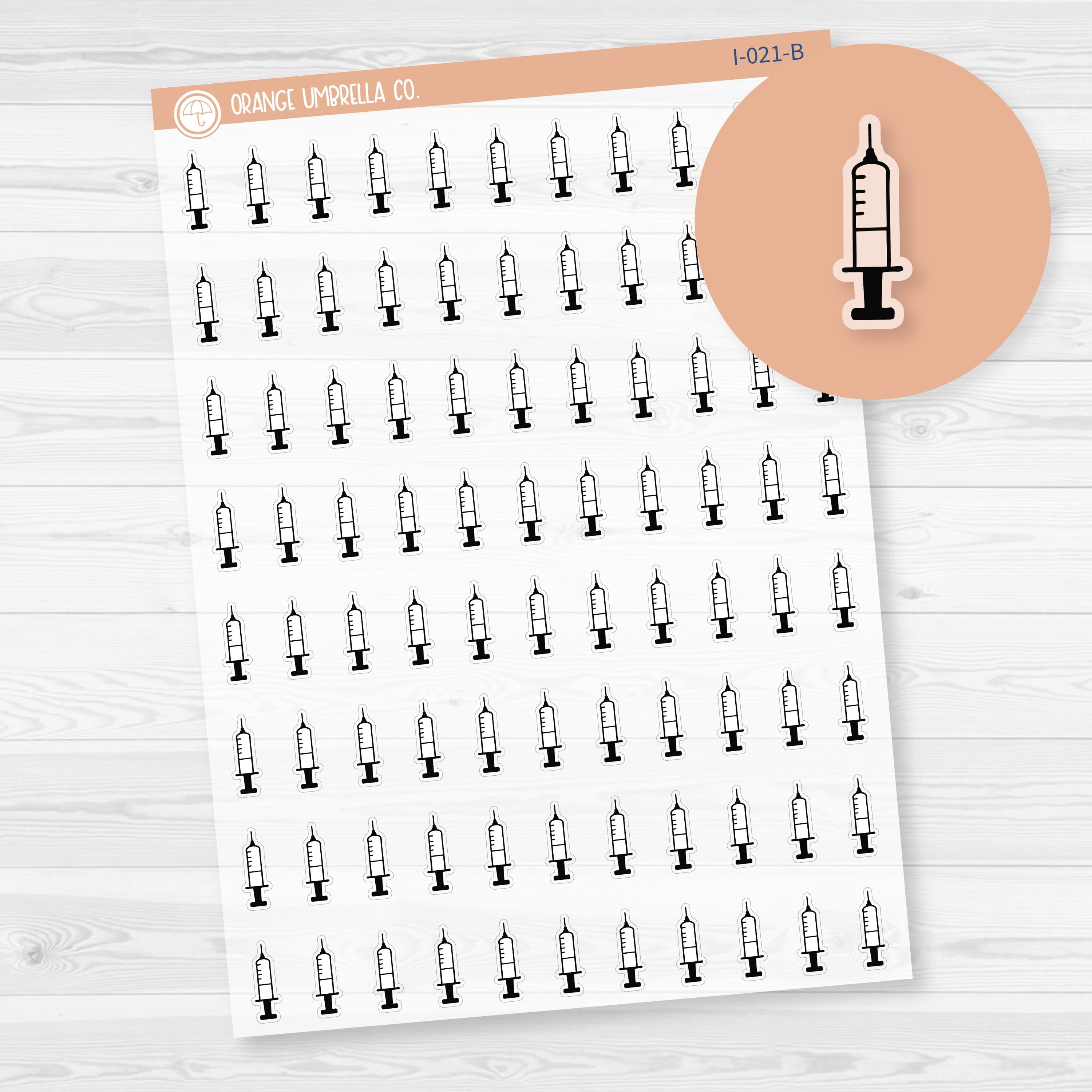 Clear matte syringe icon planner stickers in assorted colors, transparent medical tracking sheet for health and wellness planners.
