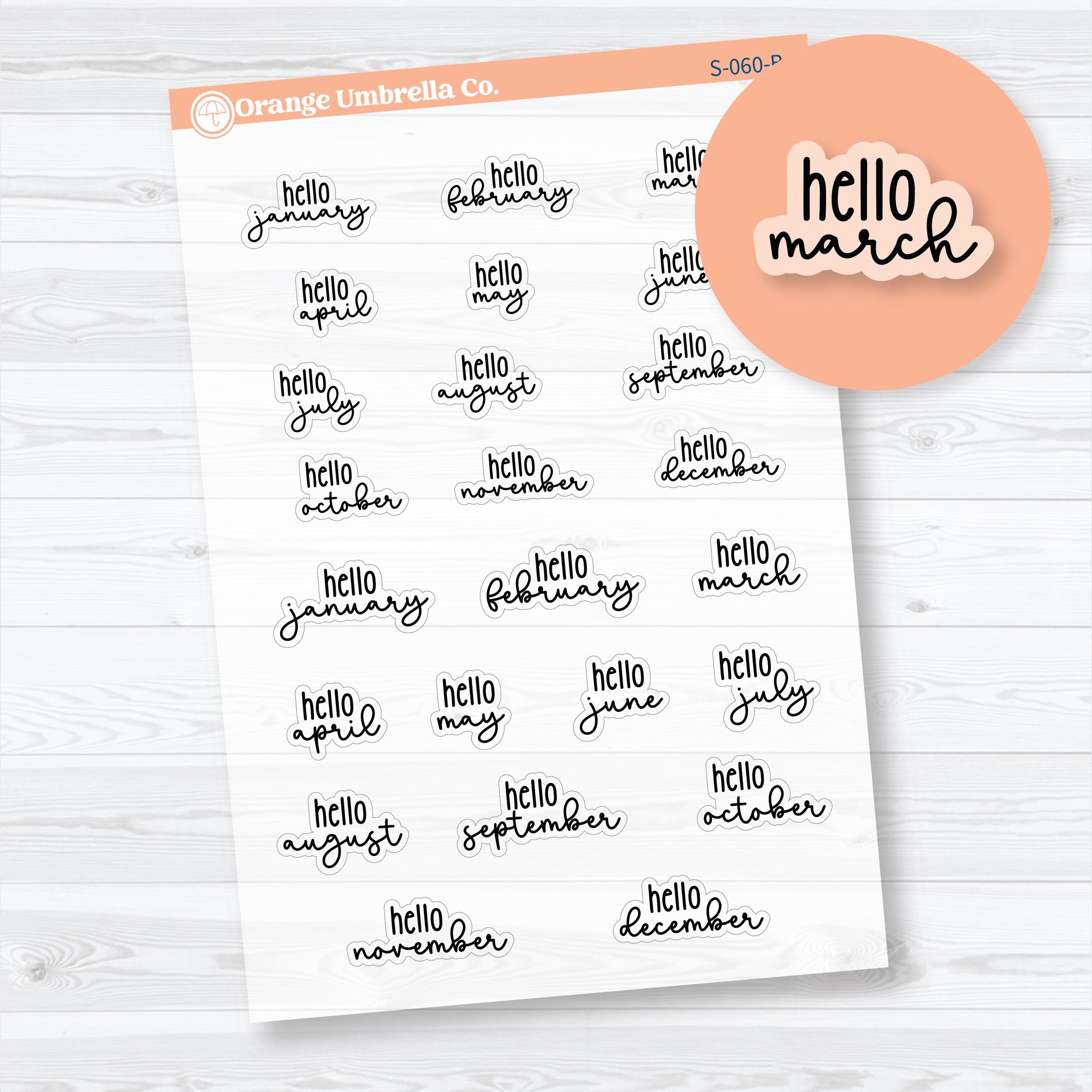 Clear matte hello months script planner stickers in F18 font, transparent sticker sheet for monthly planner or journal use.