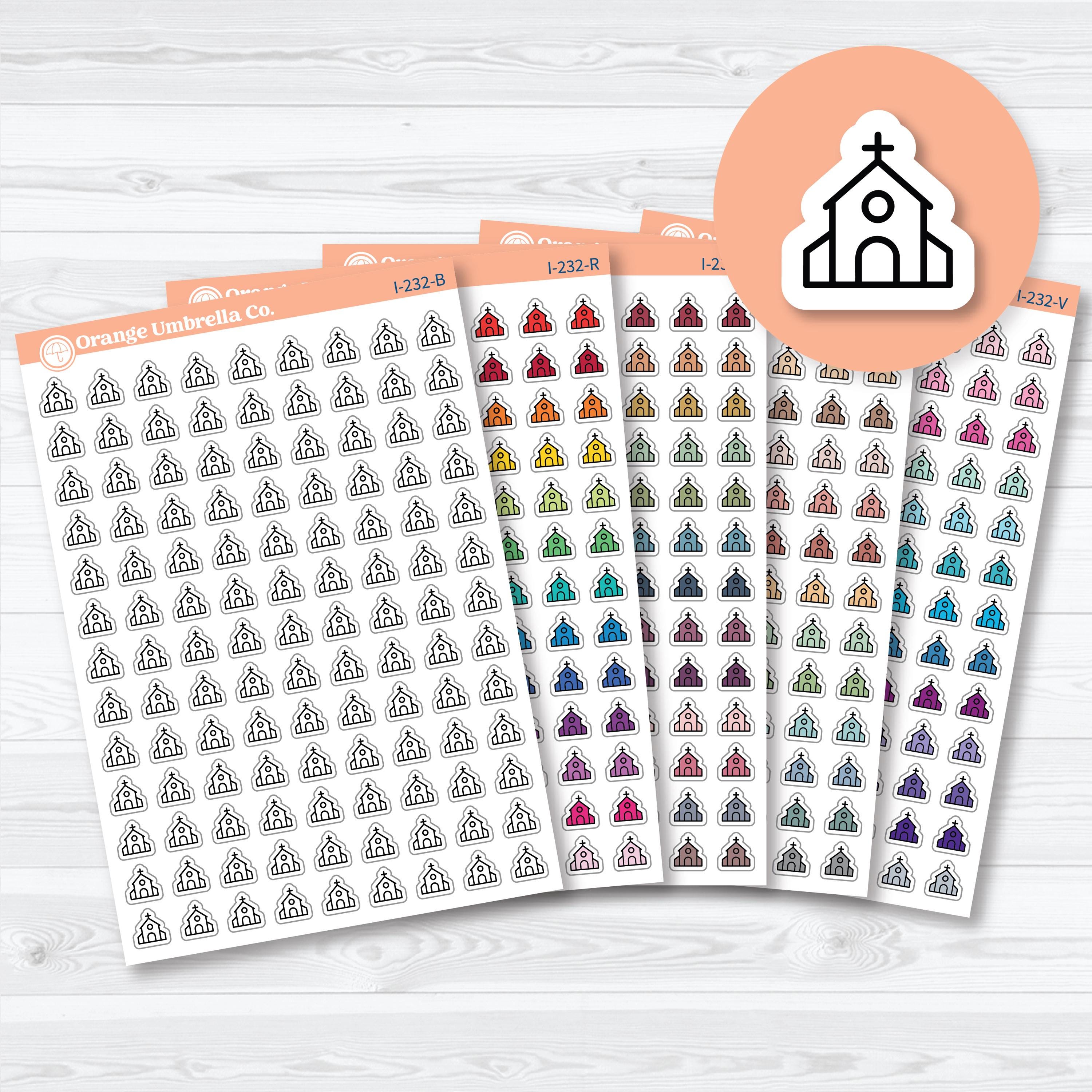 Simple church icon planner stickers in assorted colors, white matte sheet for faith journaling or Sunday planning.