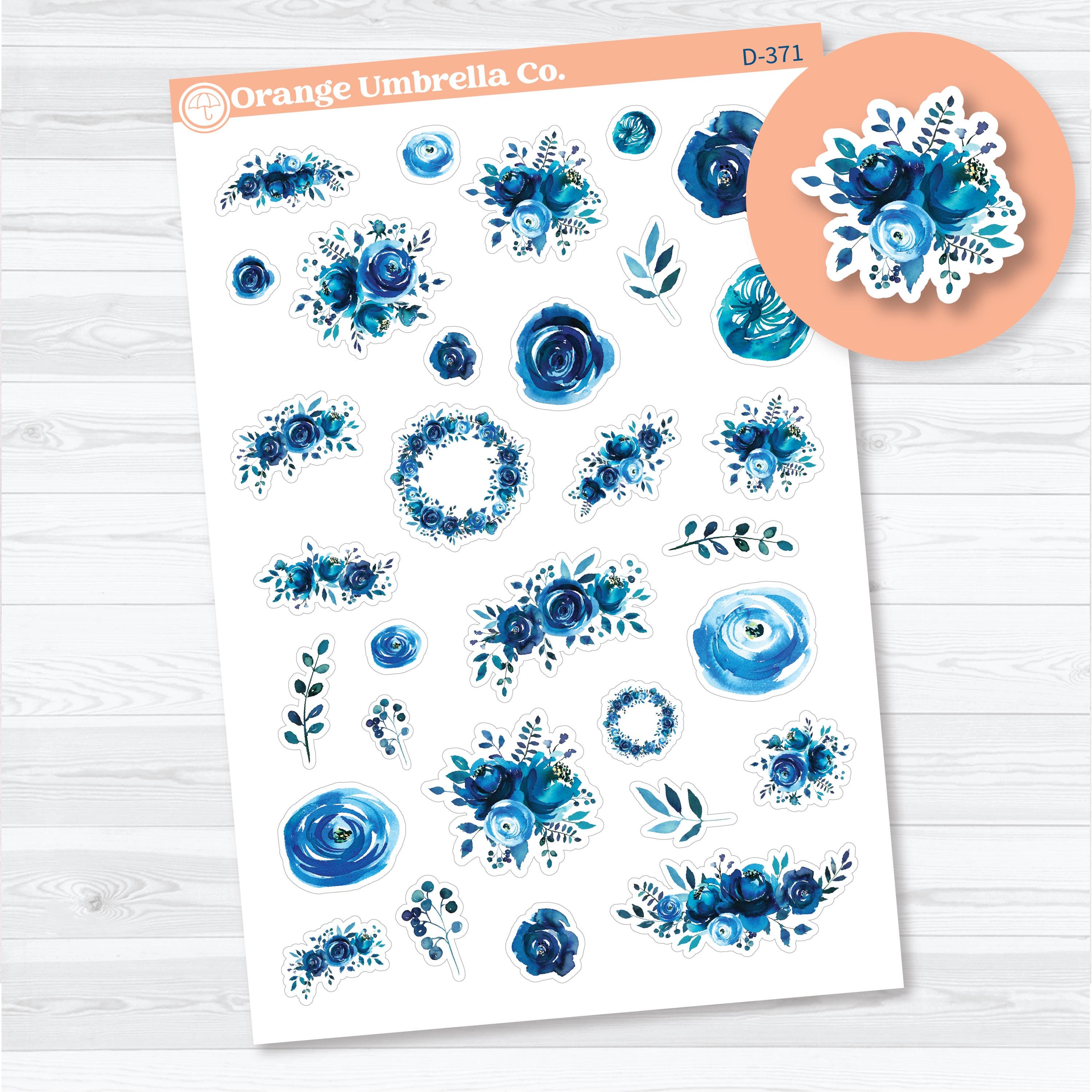 Blue floral decorative planner stickers on white matte paper, watercolor flower designs for scrapbooking, journaling, and creative planning.