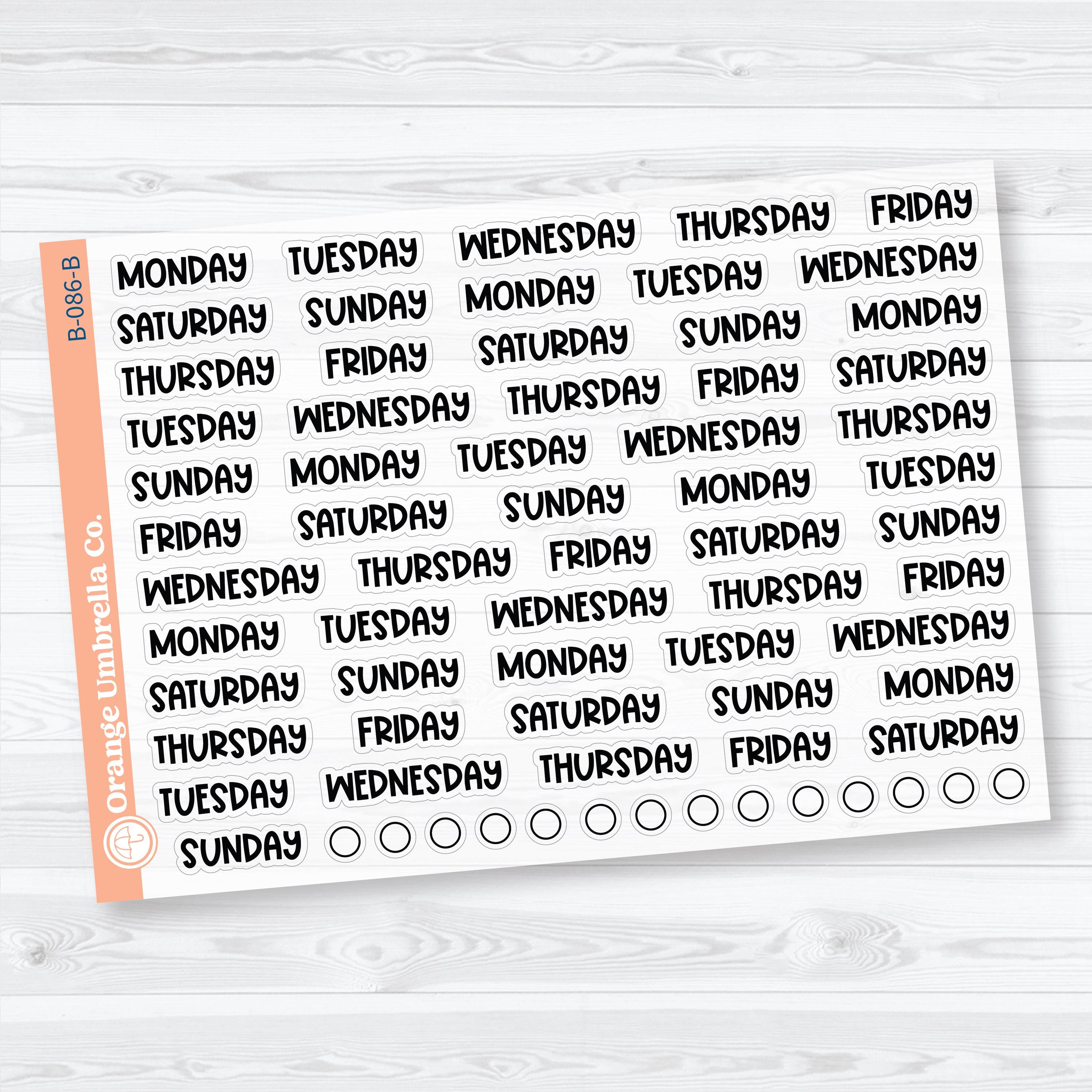 Clear Matte Days of the Week Funky Font Planner Stickers | B-086-CM