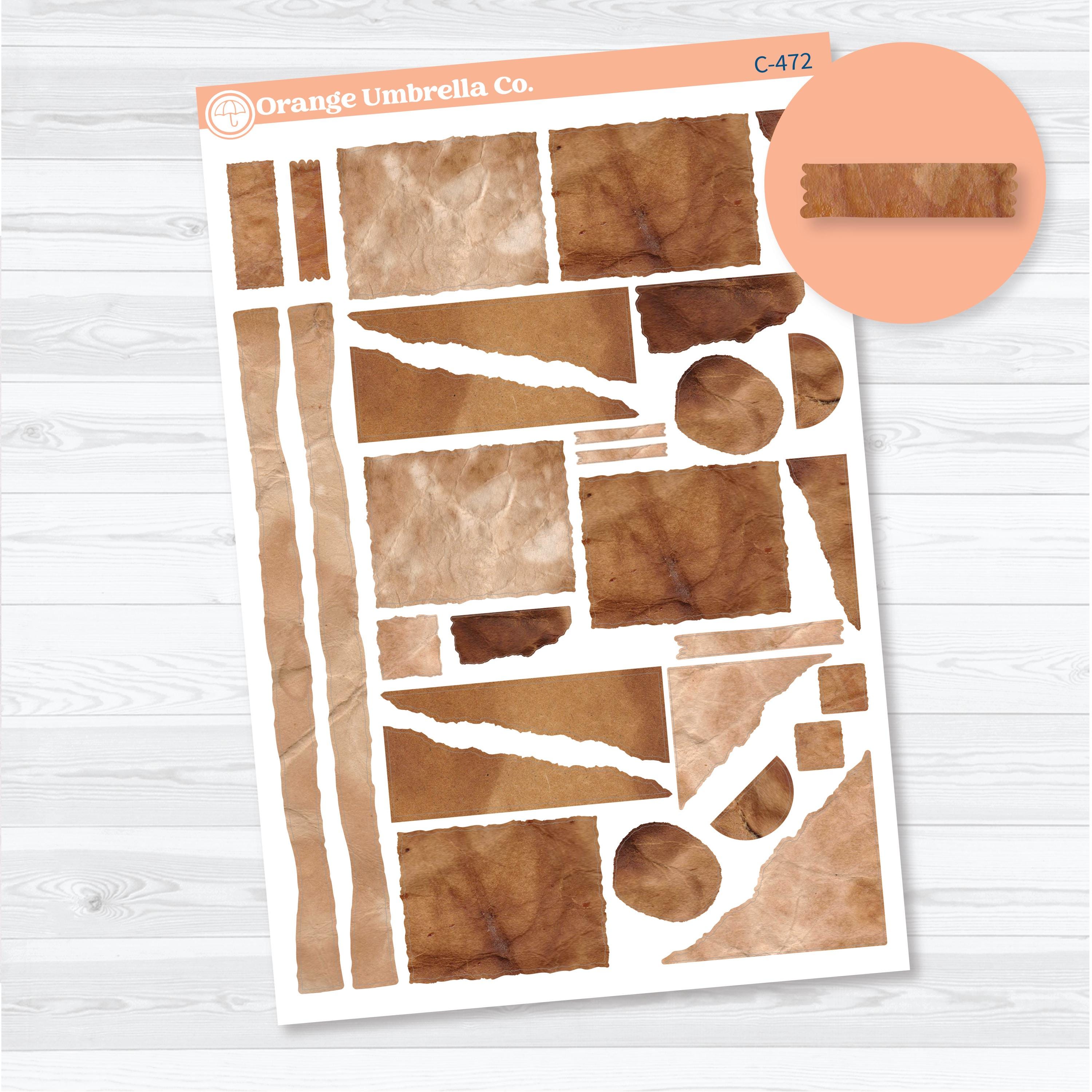 Rustic torn paper decorative planner stickers, brown textured pieces for scrapbooking, journaling, and collage projects.