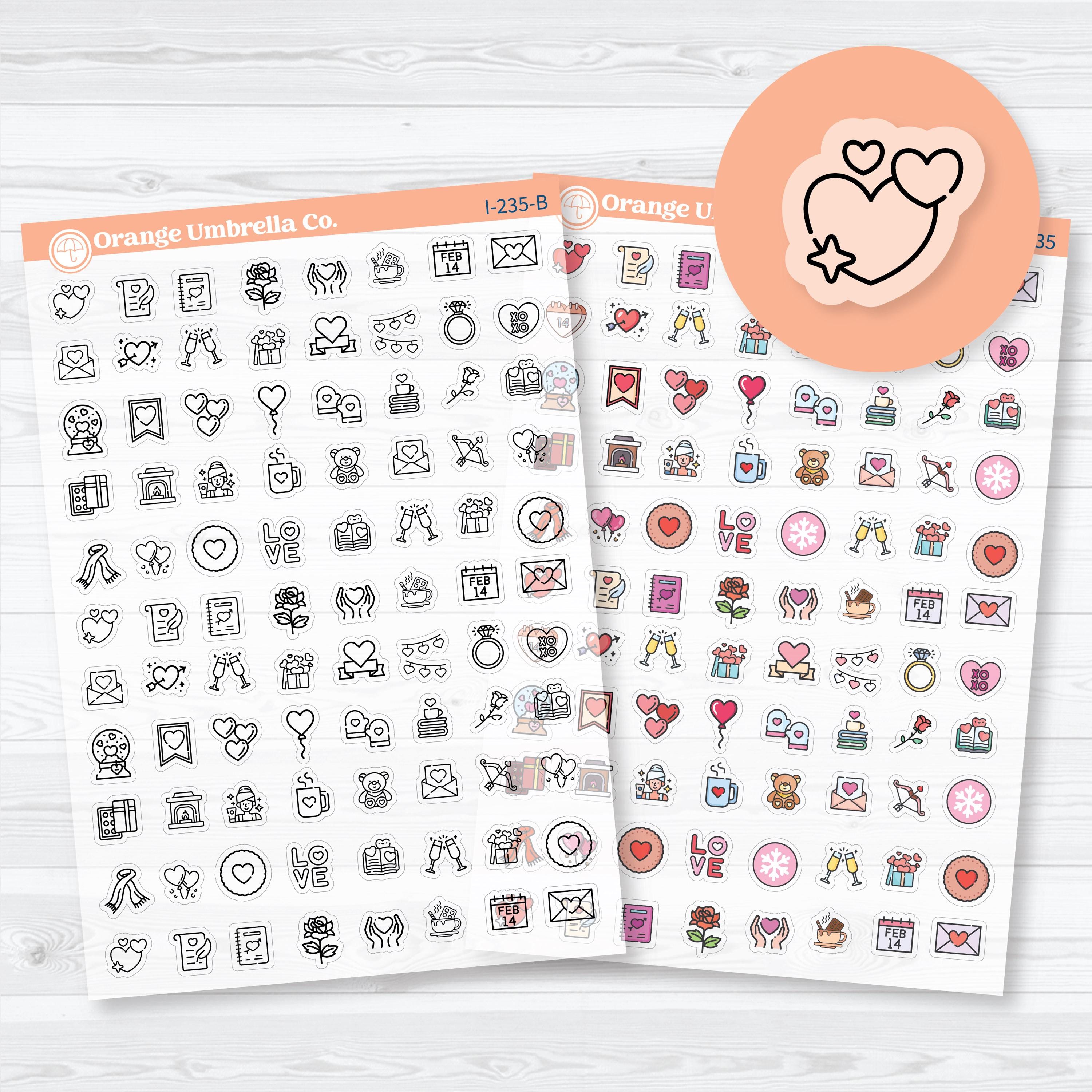 February and Valentine’s Day clear matte icon planner stickers sheet with transparent hearts and gifts by Orange Umbrella Co