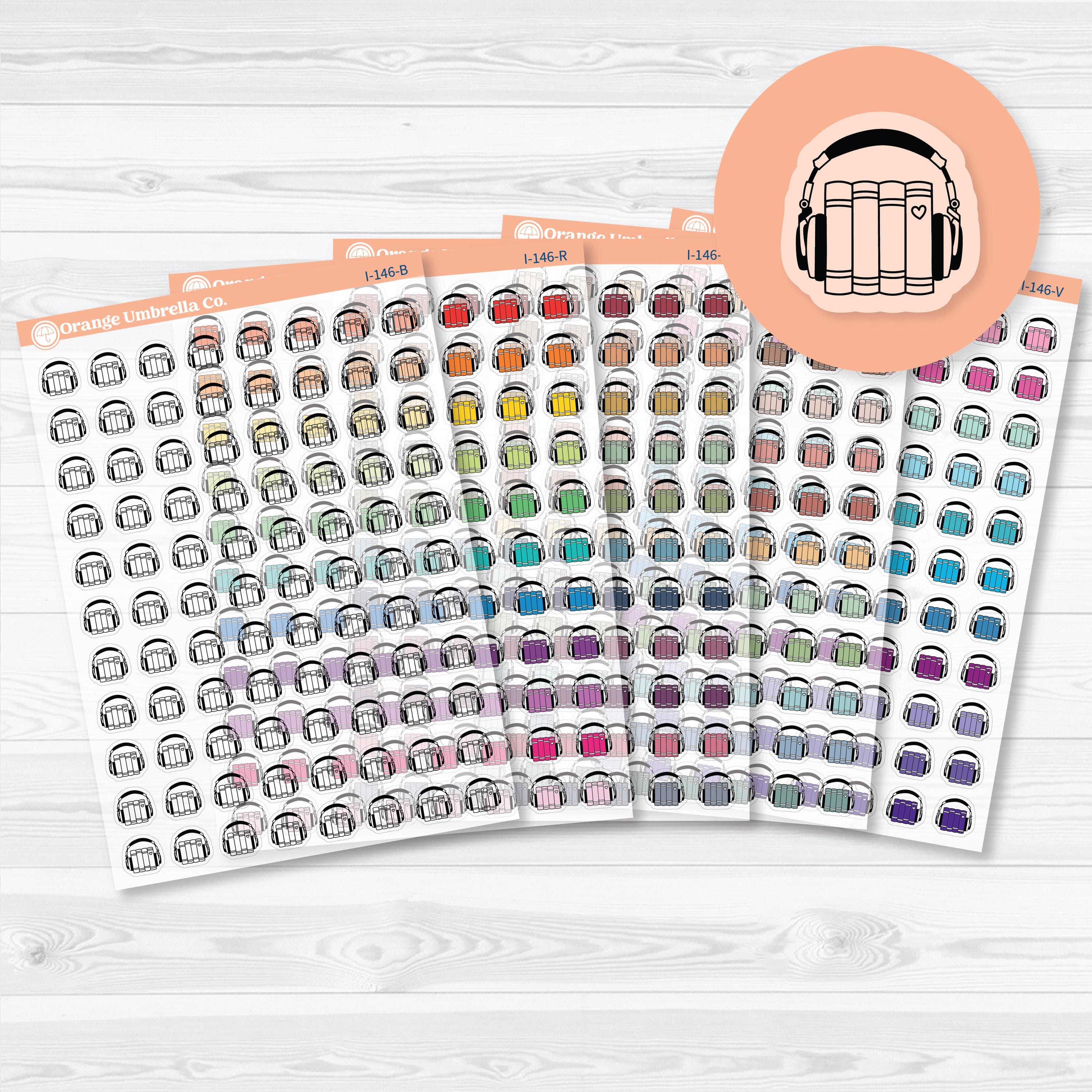 Audiobook icon planner stickers in assorted colors, white matte sheet for reading or journaling planners.