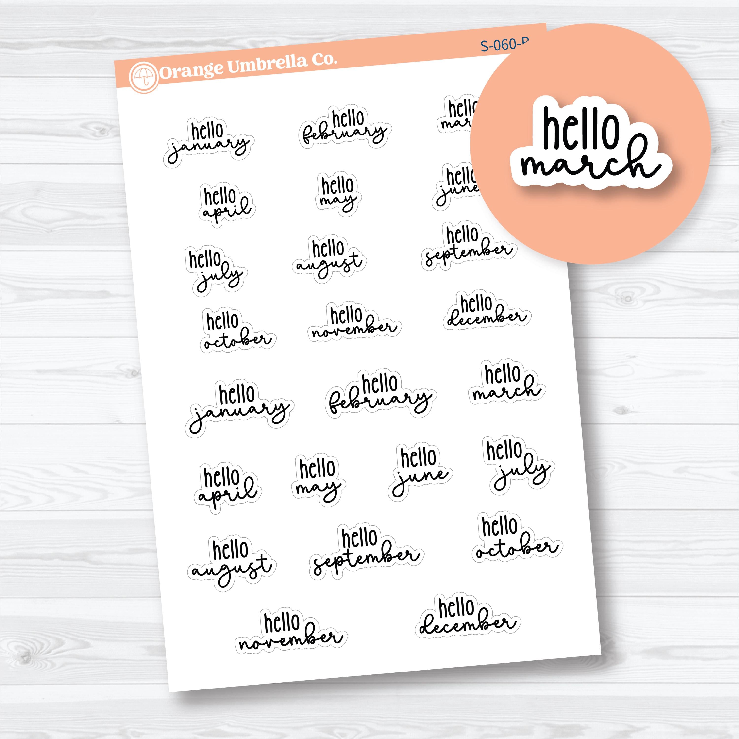 Hello months script planner stickers in F18 font, white matte sheet with January through December designs for planners and journals.