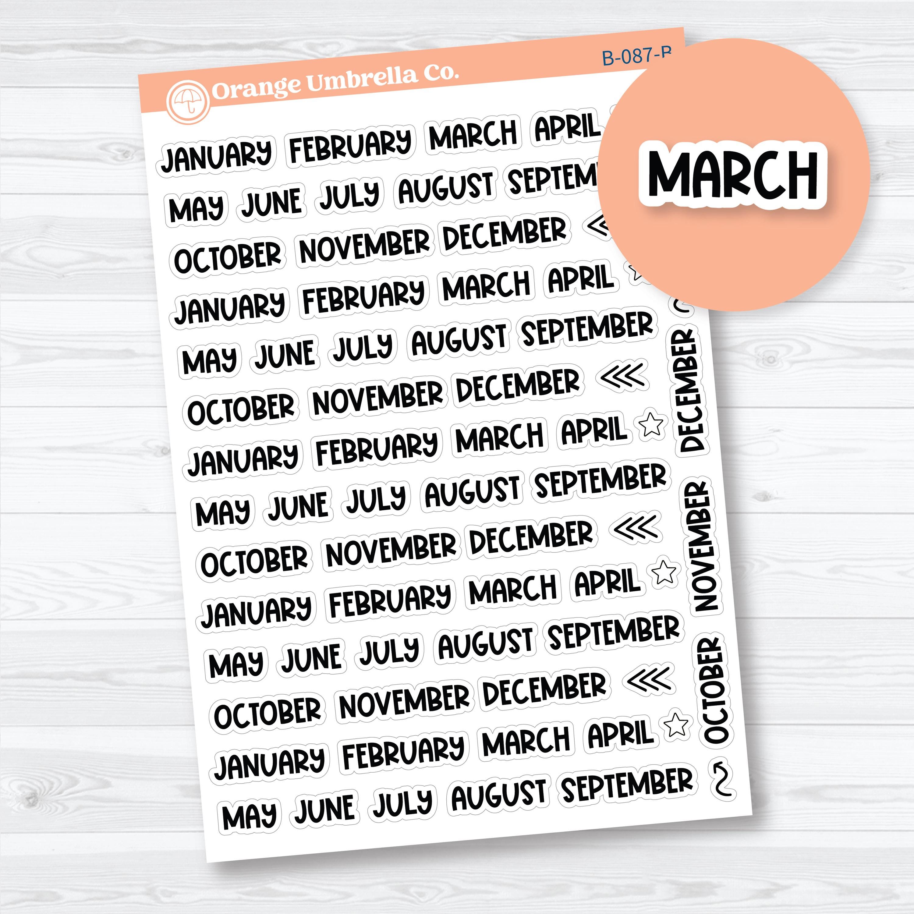 Mini Months Funky Font planner stickers sheet with month labels in black script style by Orange Umbrella Co