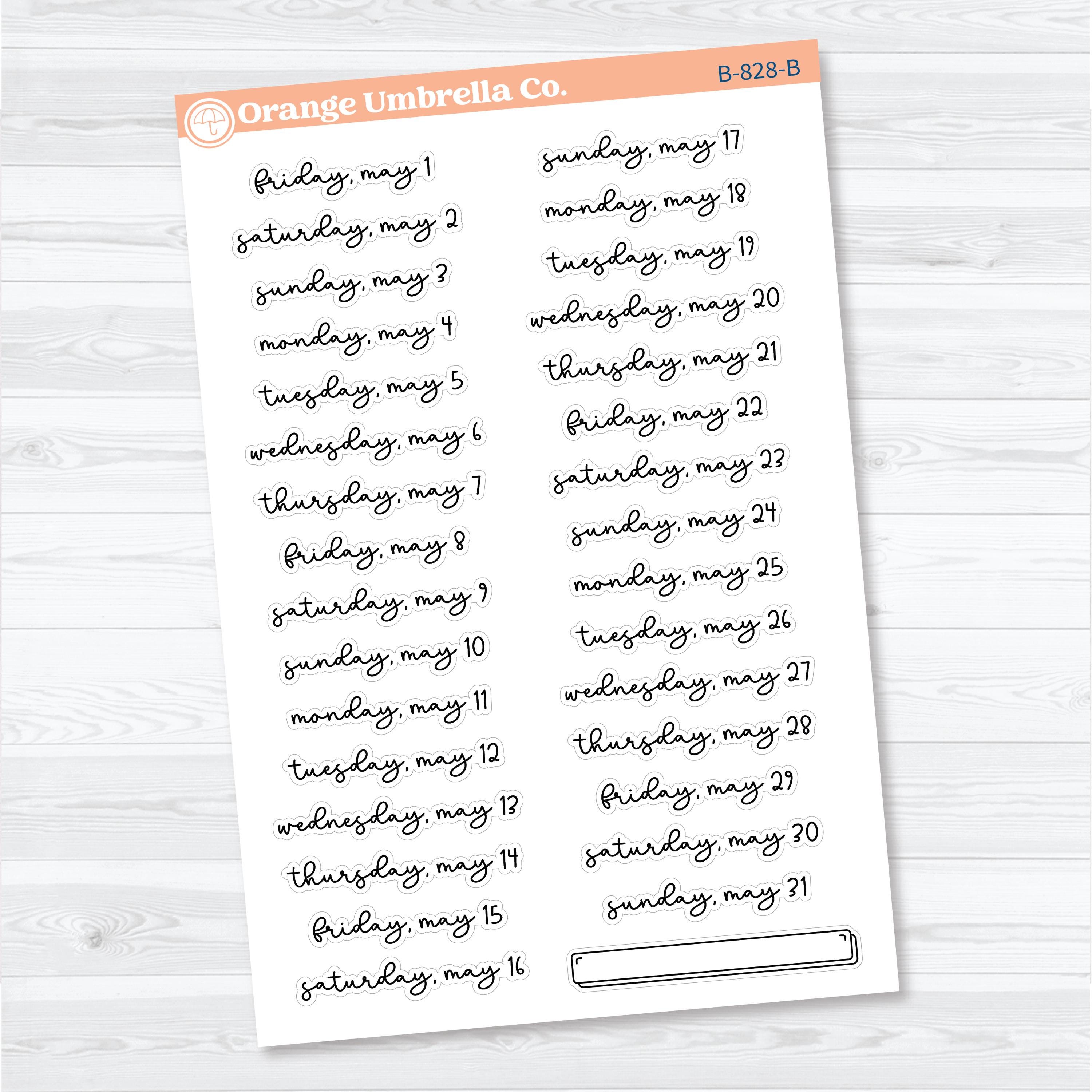 2026 Dates of the Month Planner Stickers | F18 Script | January–June | B-824–829-B