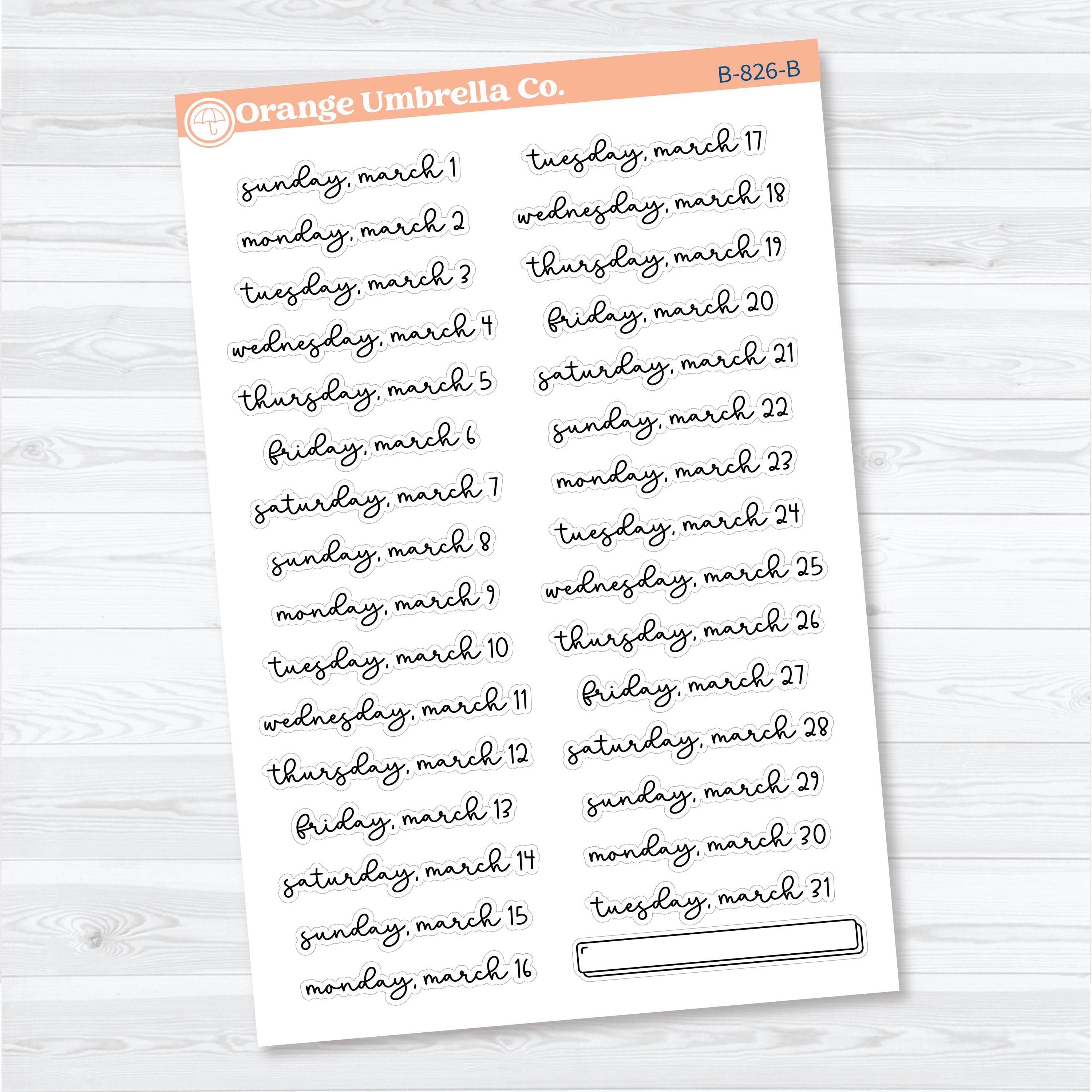 2026 Dates of the Month Planner Stickers | F18 Script | January–June | B-824–829-B