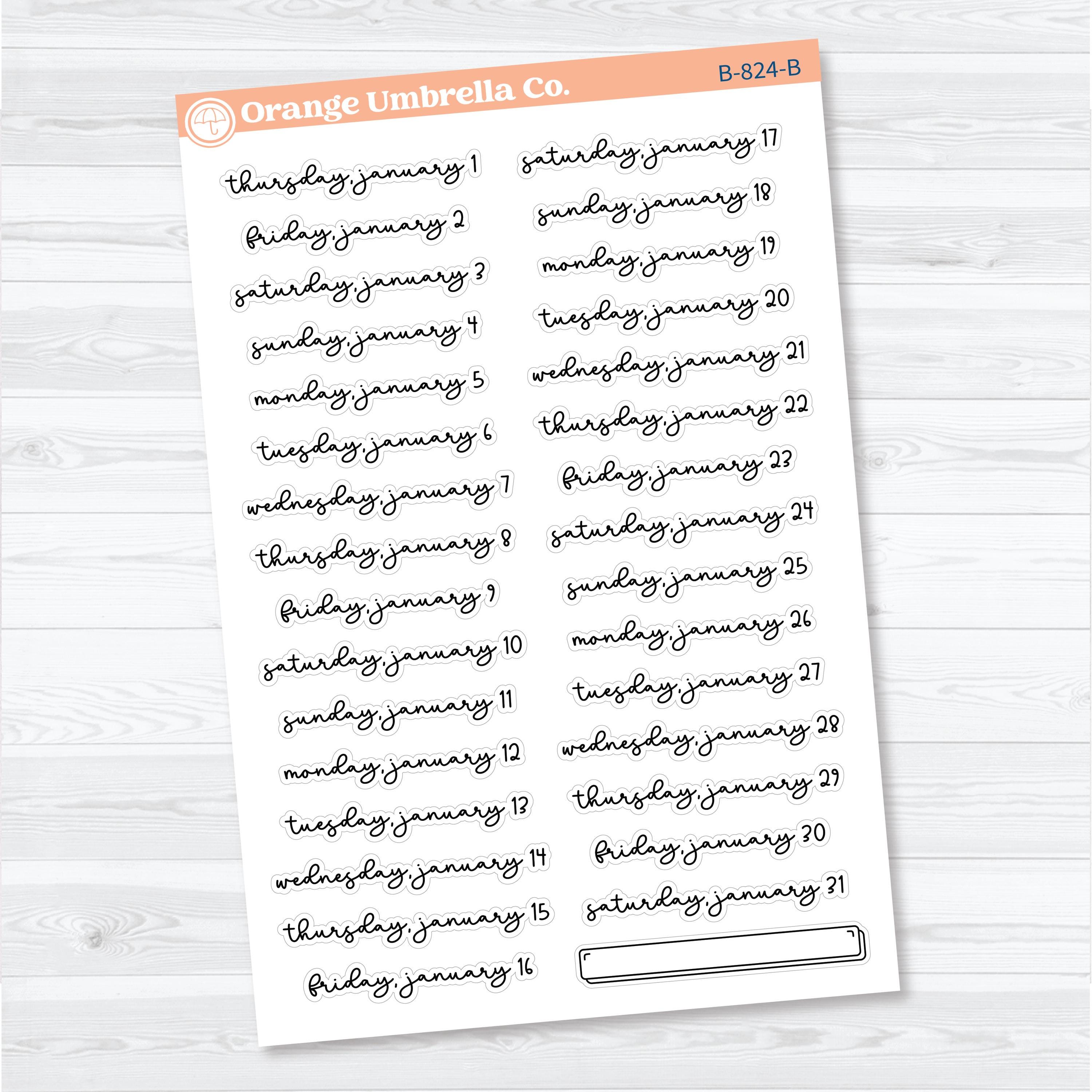 2026 Dates of the Month Planner Stickers | F18 Script | January–June | B-824–829-B